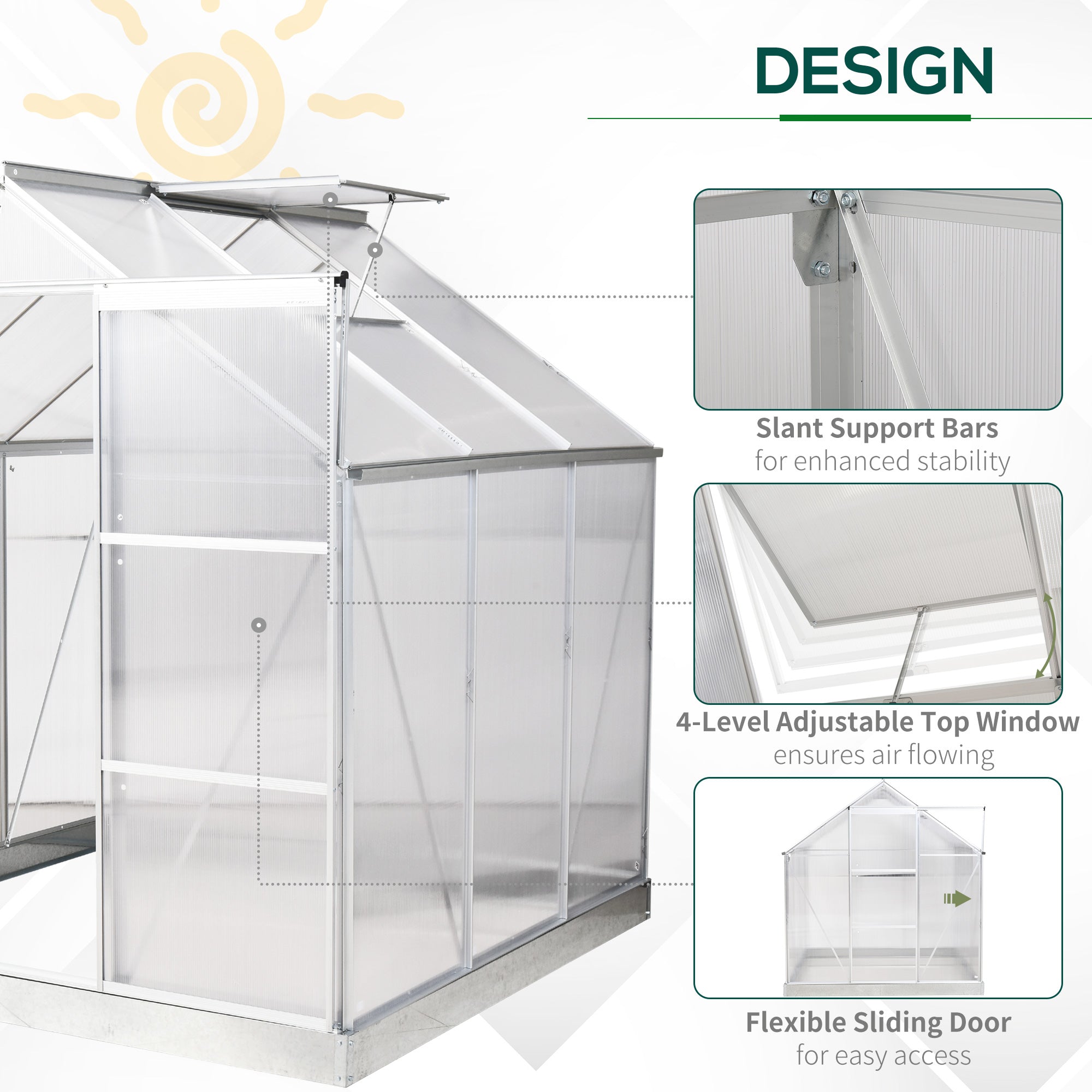 6 x 6 ft Walk-In Greenhouse Polycarbonate Lean to Greenhouse Grow House w/ Aluminium Frame, Sliding Door, Adjustable Window-3