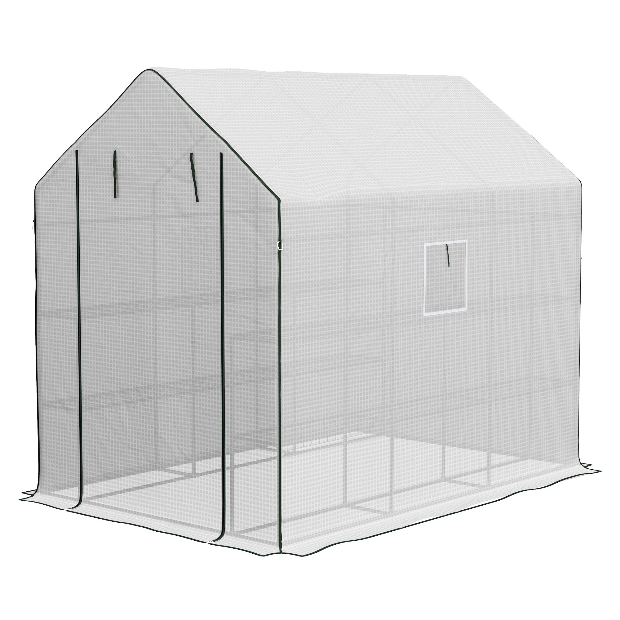 Walk-in Greenhouse w/ 3 Tier Shelves, Green House Garden Grow House w/ PE Cover, Roll-up Door, Mesh Windows, 140 x 213 x 190cm, White-0