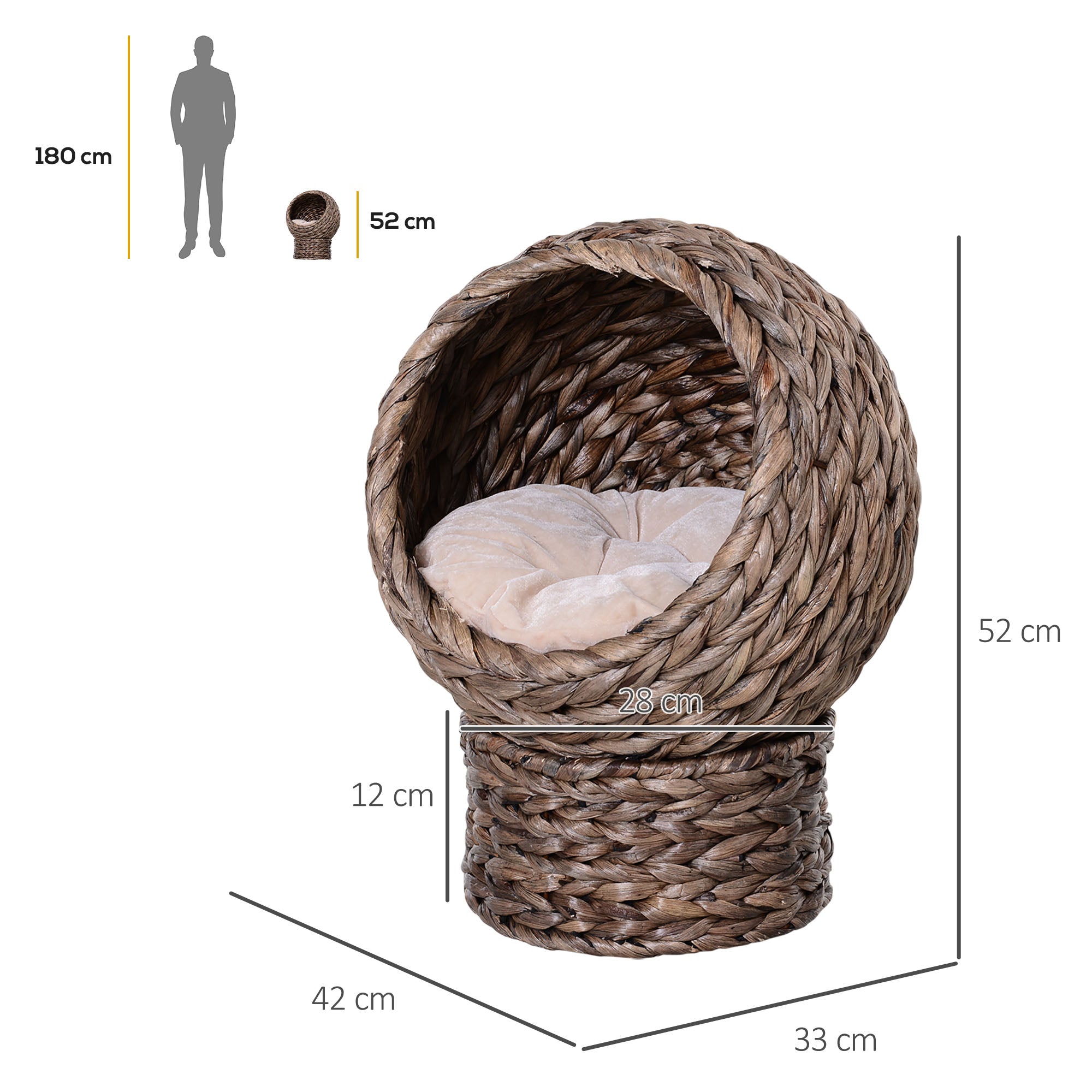 Wicker Cat Bed, Raised Rattan Cat Basket with Cylindrical Base, Soft Washable Cushion, 42 x 33 x 52cm - Brown-2