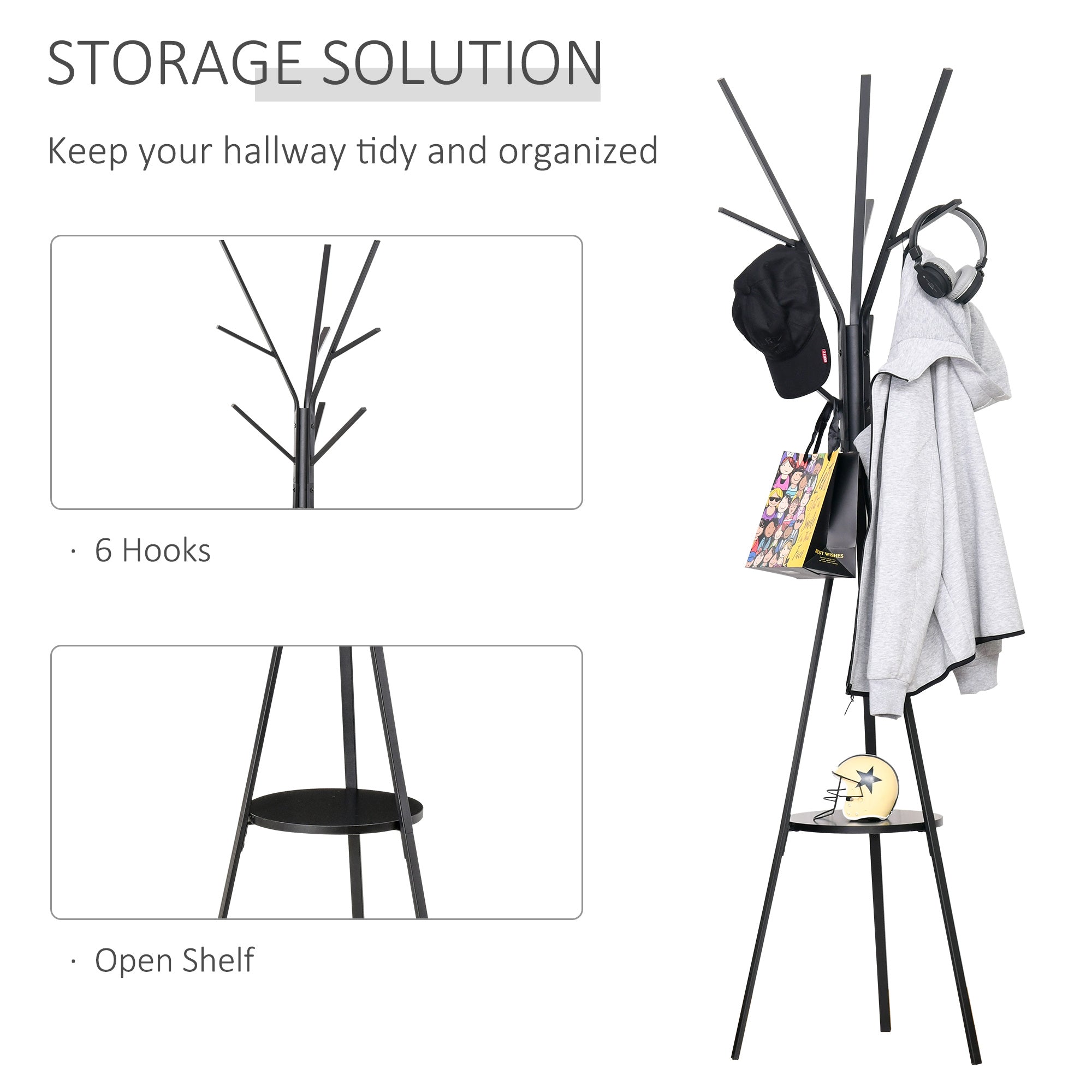 180cm Free Standing Metal Coat Rack Stand 9 Hooks Clothes Tree with 1 Shelf Hat Display Hall Tree Hanger Bag Umbrella Hanging Organiser (Black)-3