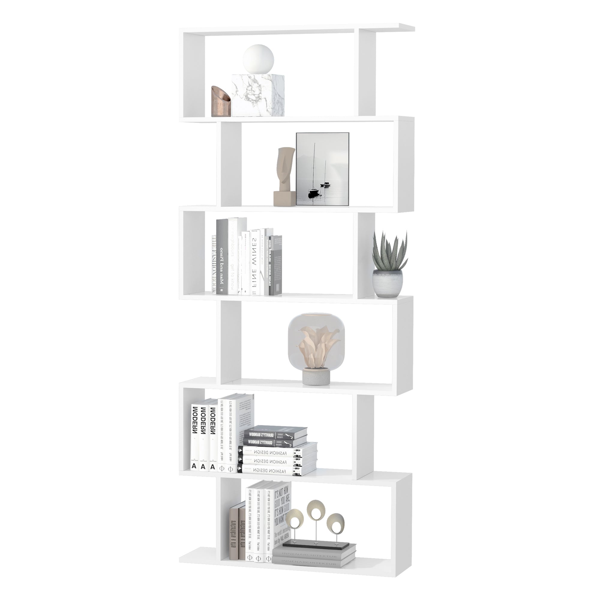 Wooden Wood S Shape Storage Display 6 Shelves Room Divider Unit Chest Bookshelf Bookcase Cupboard Cabinet Home Office Furniture, White-0