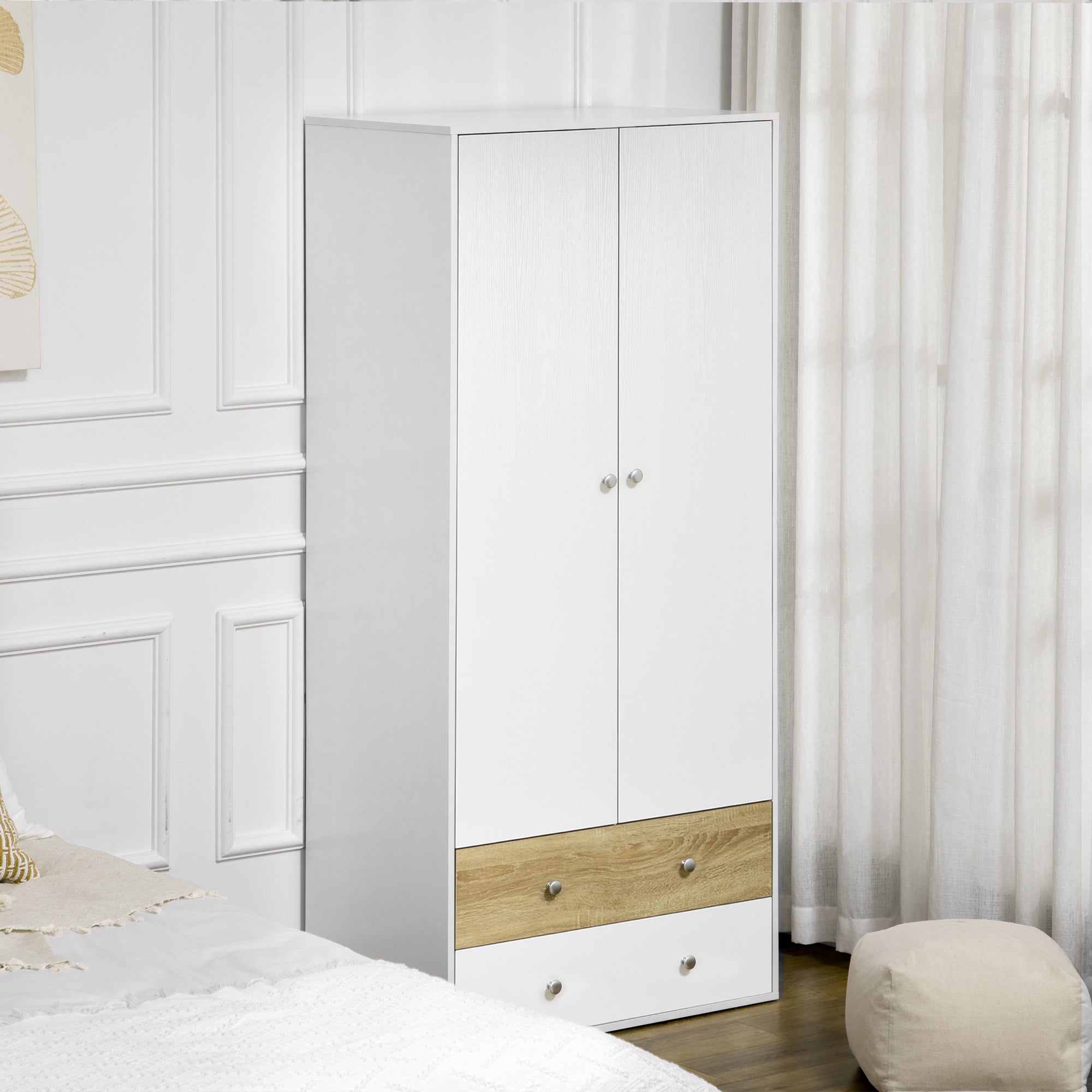 2 Door Wardrobe White Wardrobe with Drawers and Hanging Rod for Bedroom Clothes Organisation and Storage-1