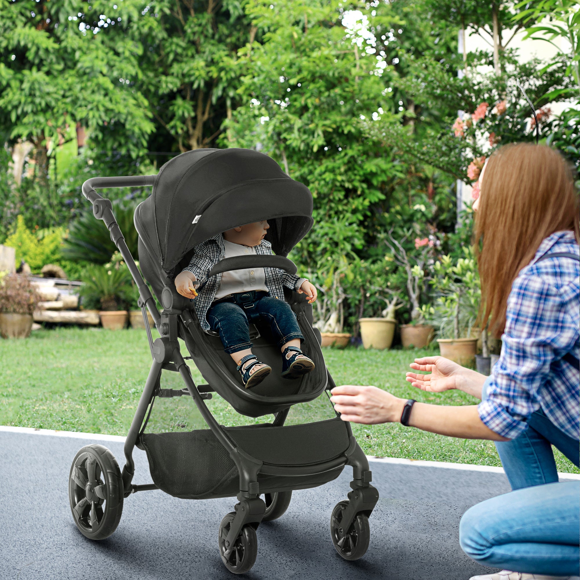 2 in 1 Lightweight Pushchair w/ Reversible Seat, Foldable Travel Baby Stroller w/ Fully Reclining From Birth to 3 Years, 5-point Harness Black-1