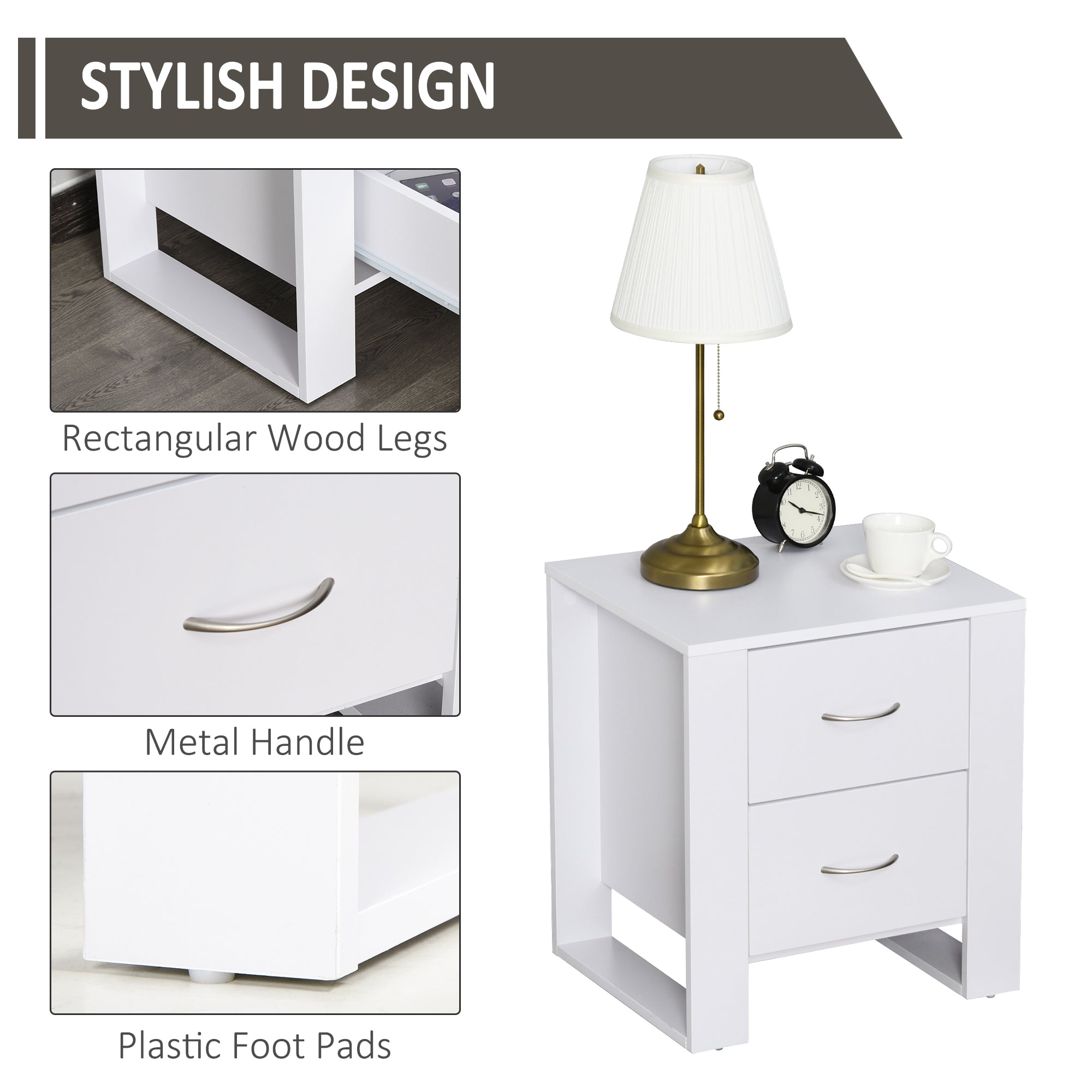 2 Drawer Modern Boxy Bedside Table w/ Handles Elevated Base Melamine Coating Bedroom Storage Furniture Night Stand Organisation White-4