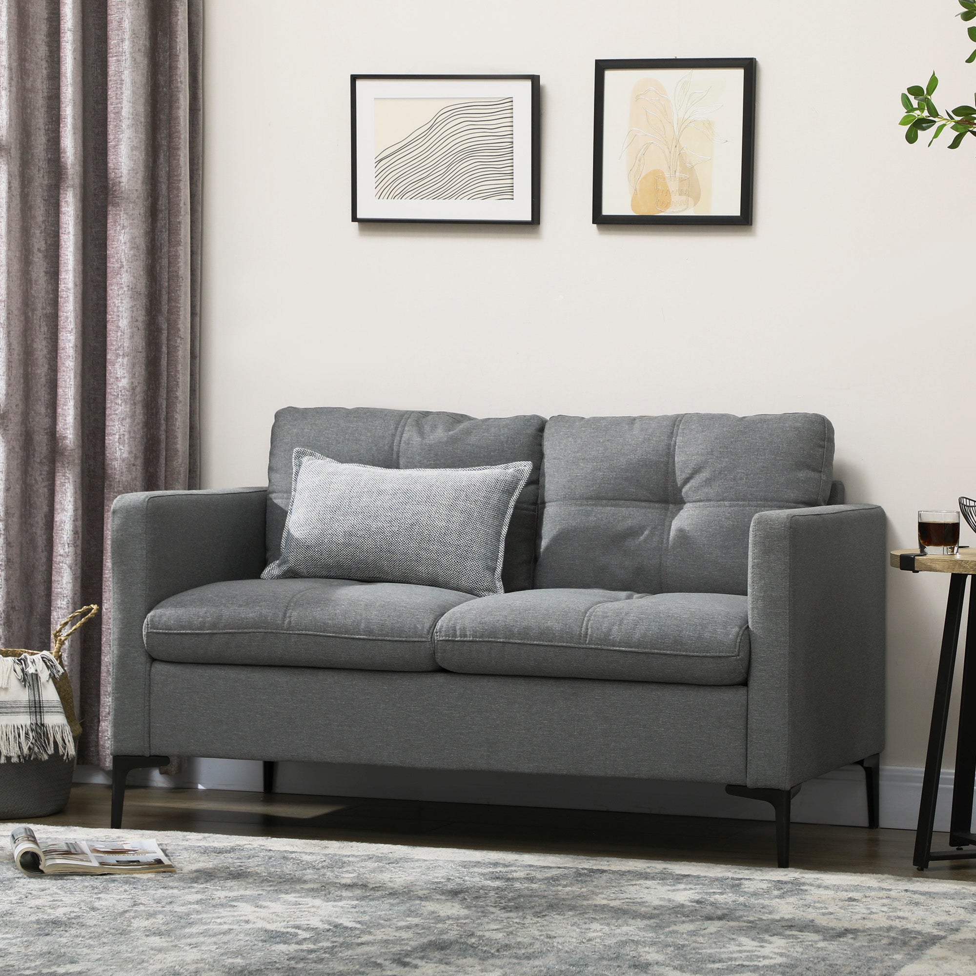 133cm Loveseat Sofa, Modern Fabric Couch with Steel Legs, Upholstered 2 Seater Sofa for Living Room, Bedroom, Dark Grey-1