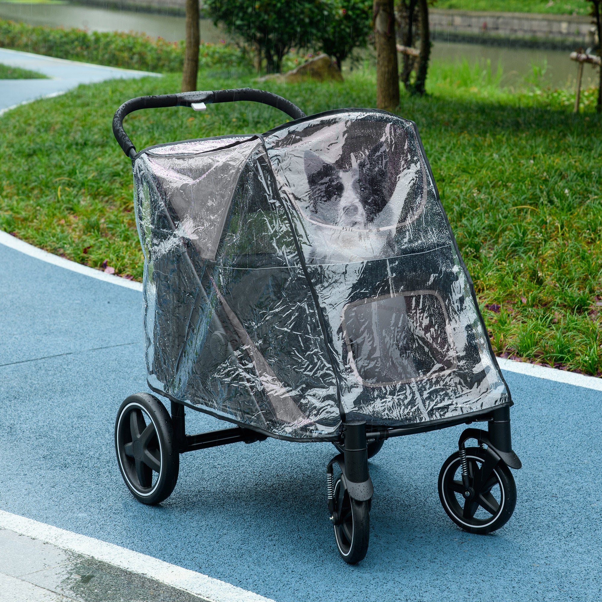 4 Wheel Pet Stroller with Rain Cover for Medium and Large Dogs - Black-1