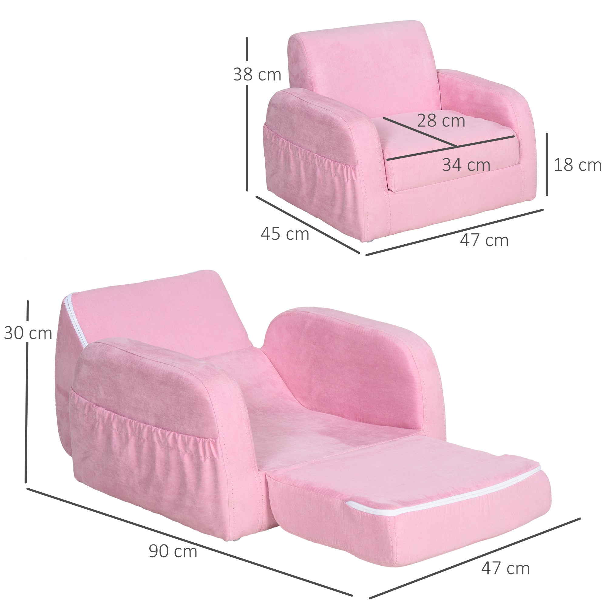 2 In 1 Kids Armchair Sofa Bed Fold Out Padded Wood Frame Bedroom, Pink-2