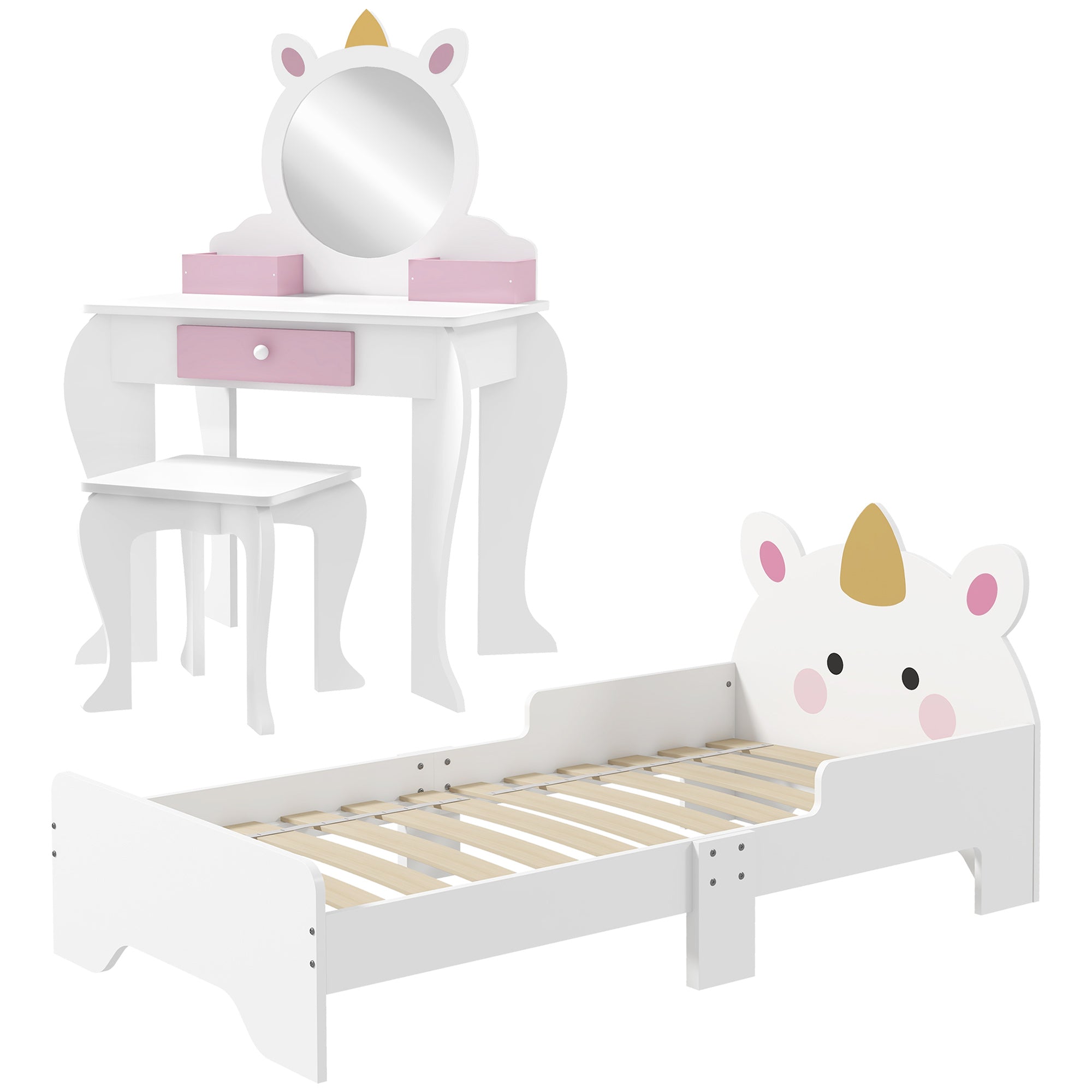 Kids Bedroom Furniture Set with Kids Dressing Table with Mirror and Stool, Toddler Bed Frame for 3-6 Years, Unicorn Design-0