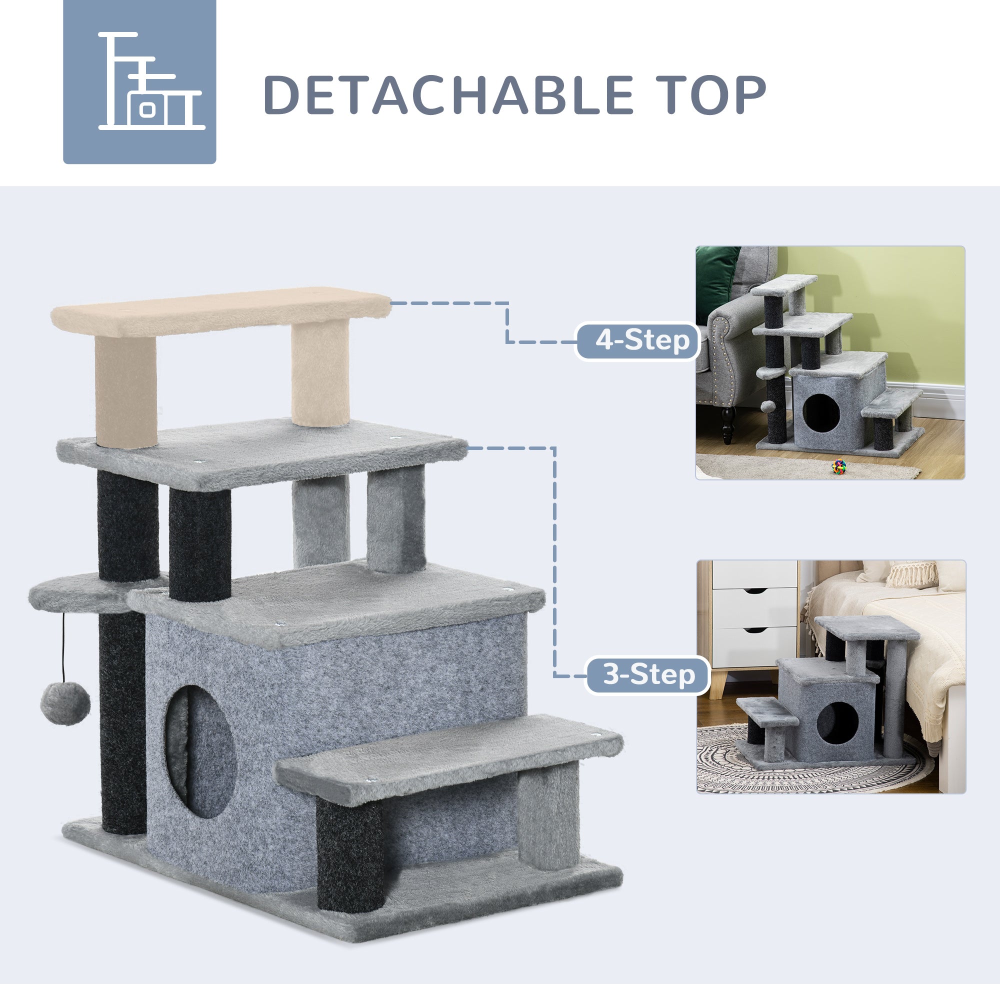 Adjustable Height Cat Stairs for Bed, Cat House with Detachable Cover, Pet Steps for Sofa, 3-Step/ 4-Step w/ Hanging Ball 60 x 40 x 66 cm Grey-3