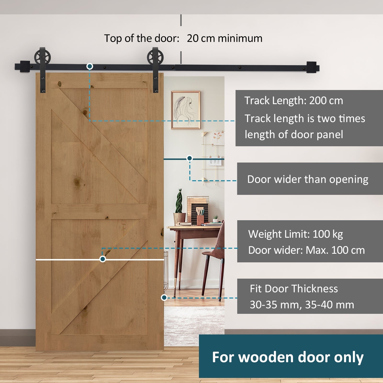 6.6 FT/ 2000mm Carbon Steel Sliding Barn Door Kits Hardware Closet Set Track System for Single Wooden Door Industrial Wheel Style Roller-3