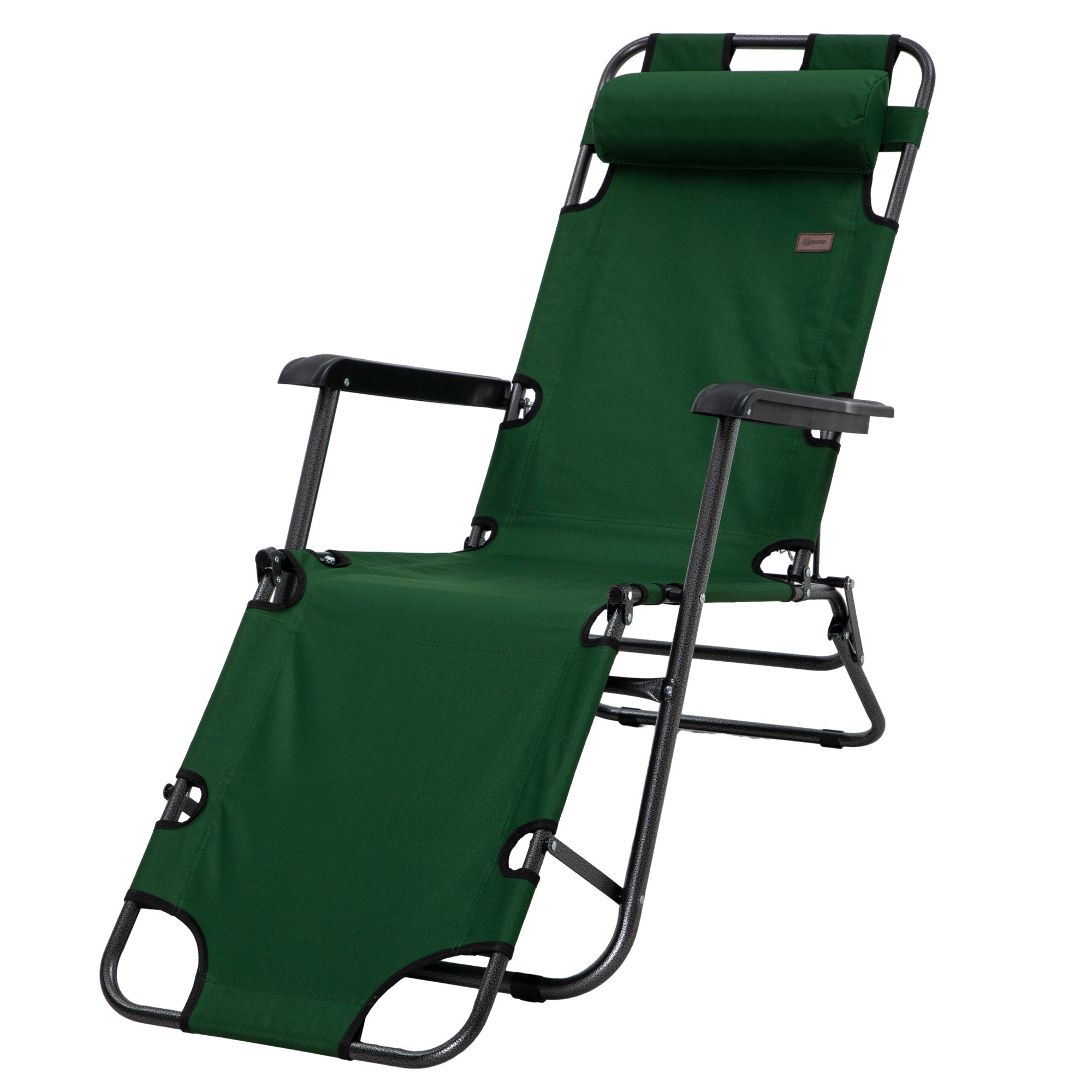 2 in 1 Sun Lounger Folding Reclining Chair Garden Outdoor Camping Adjustable Back with Pillow, Green-0