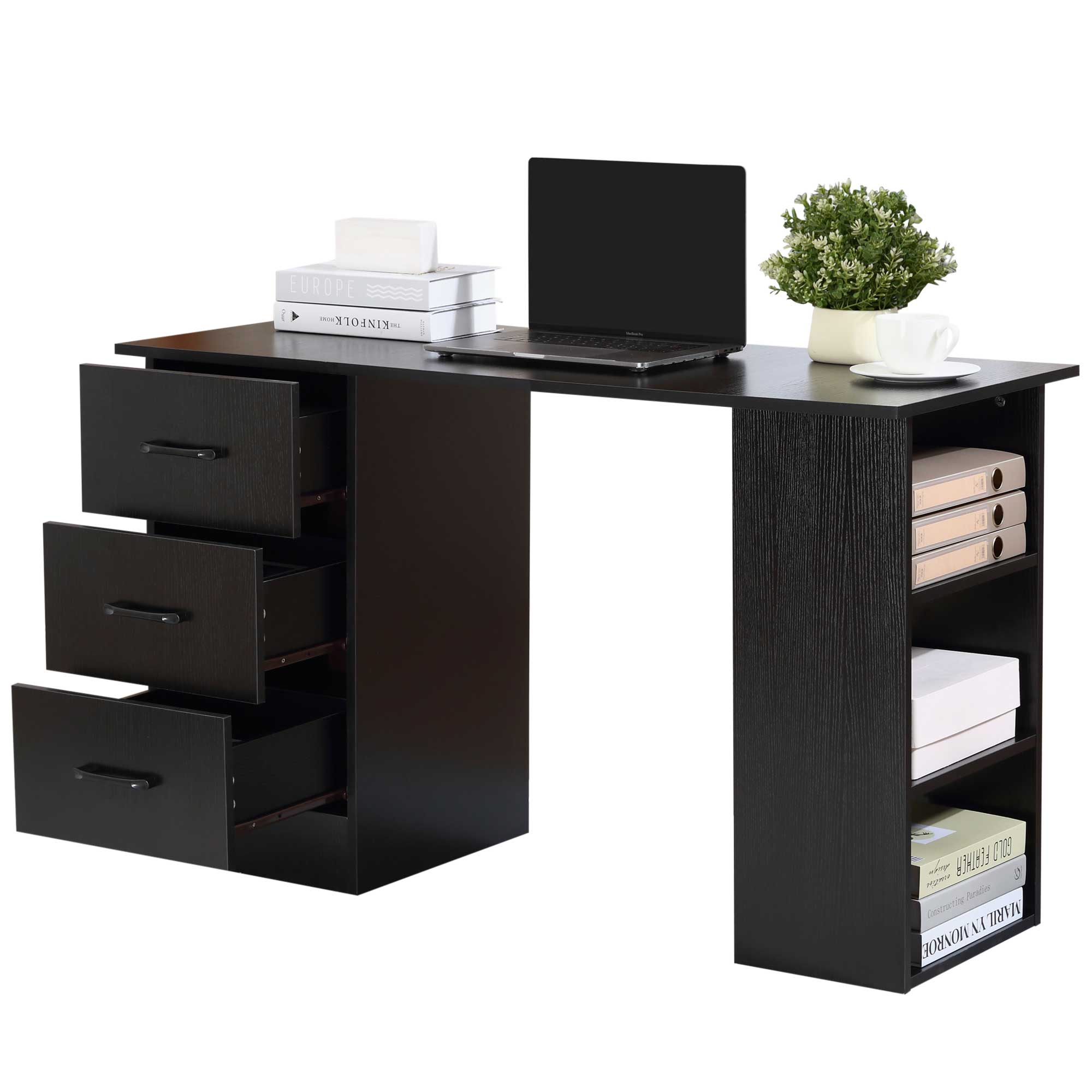 120cm Computer Desk with Storage Shelves Drawers, Writing Table Study Workstation for Home Office, Black-1