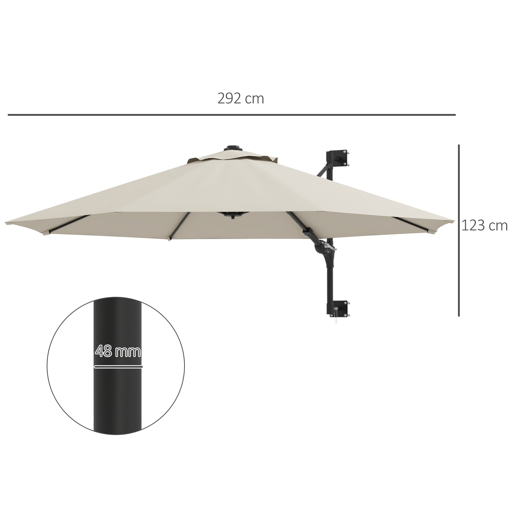 Wall Mounted Umbrella with Vent, Garden Patio Parasol Umbrella Sun Shade Canopy, Beige-2