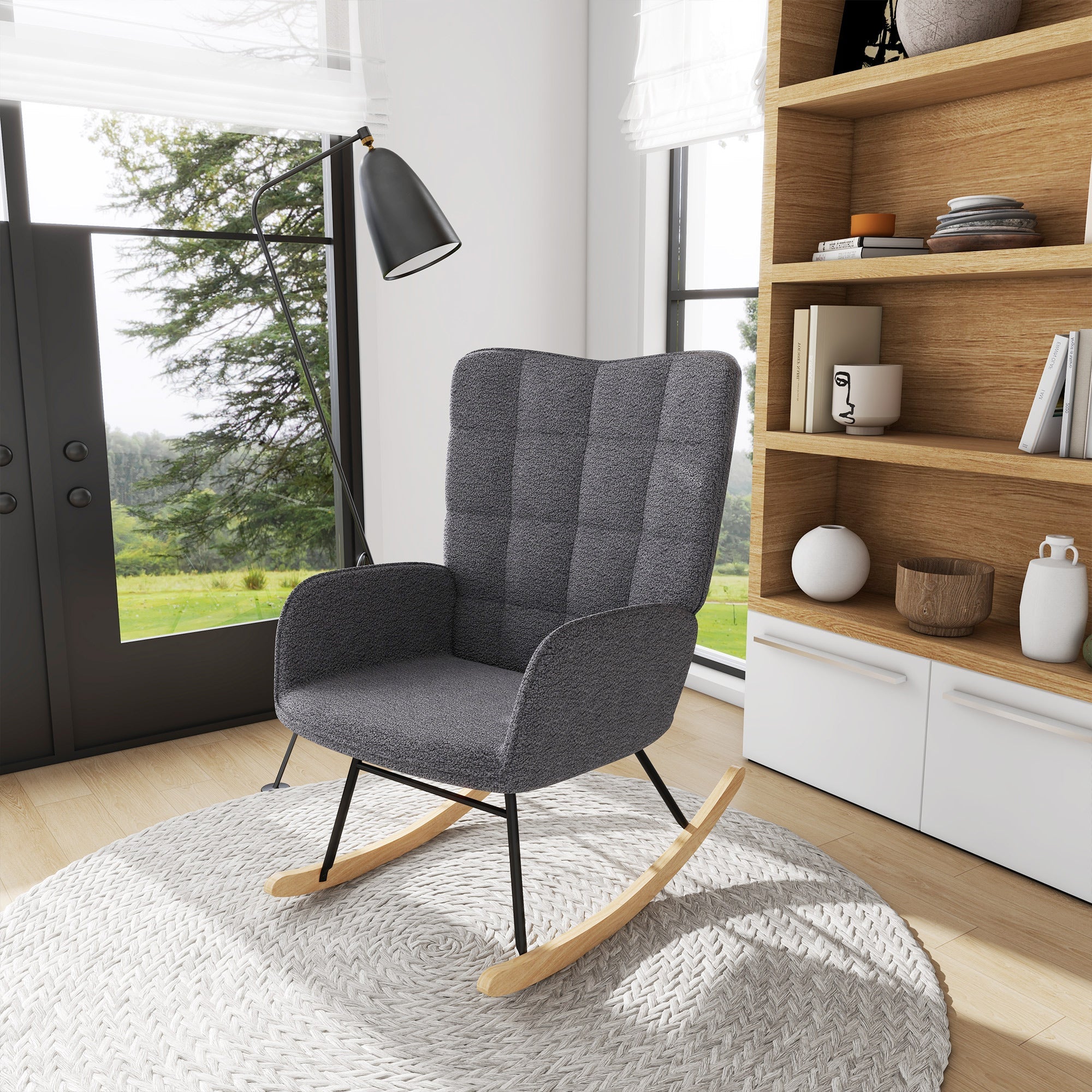 Wingback Rocking Chair for Nursing, Berber Fleece Nursery Glider Rocker, Modern Armchair for Living Room, Dark Grey-1