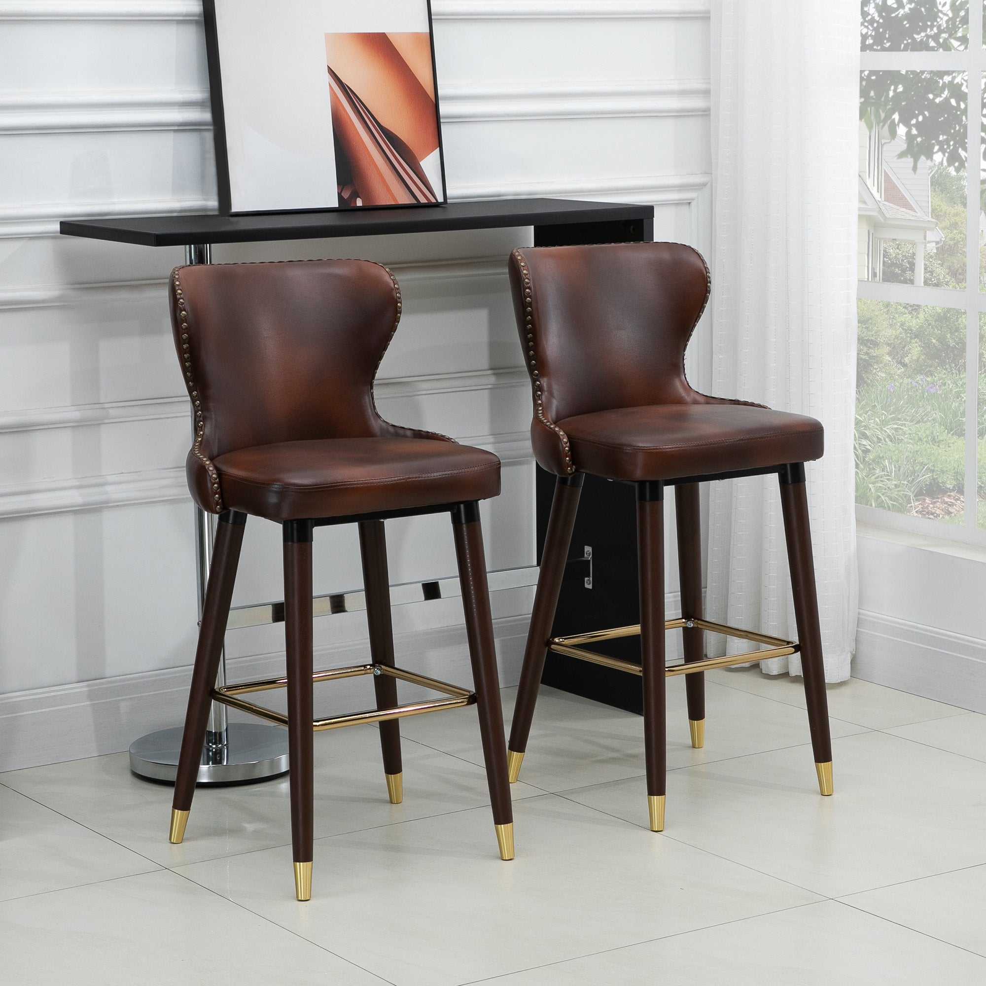 Bar Stools Set of 2, PU Leather Vintage Counter-Height Bar Chair, Luxury European Style Kitchen Stools with Back, Brown-1