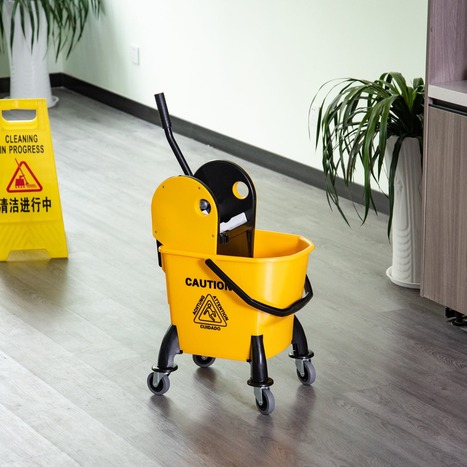 26L Mop Bucket & Water Wringer w/ 4 Wheels Plastic Body Metal Handle Pole Holder Home Commercial Cleaning Floor Cart Yellow-1