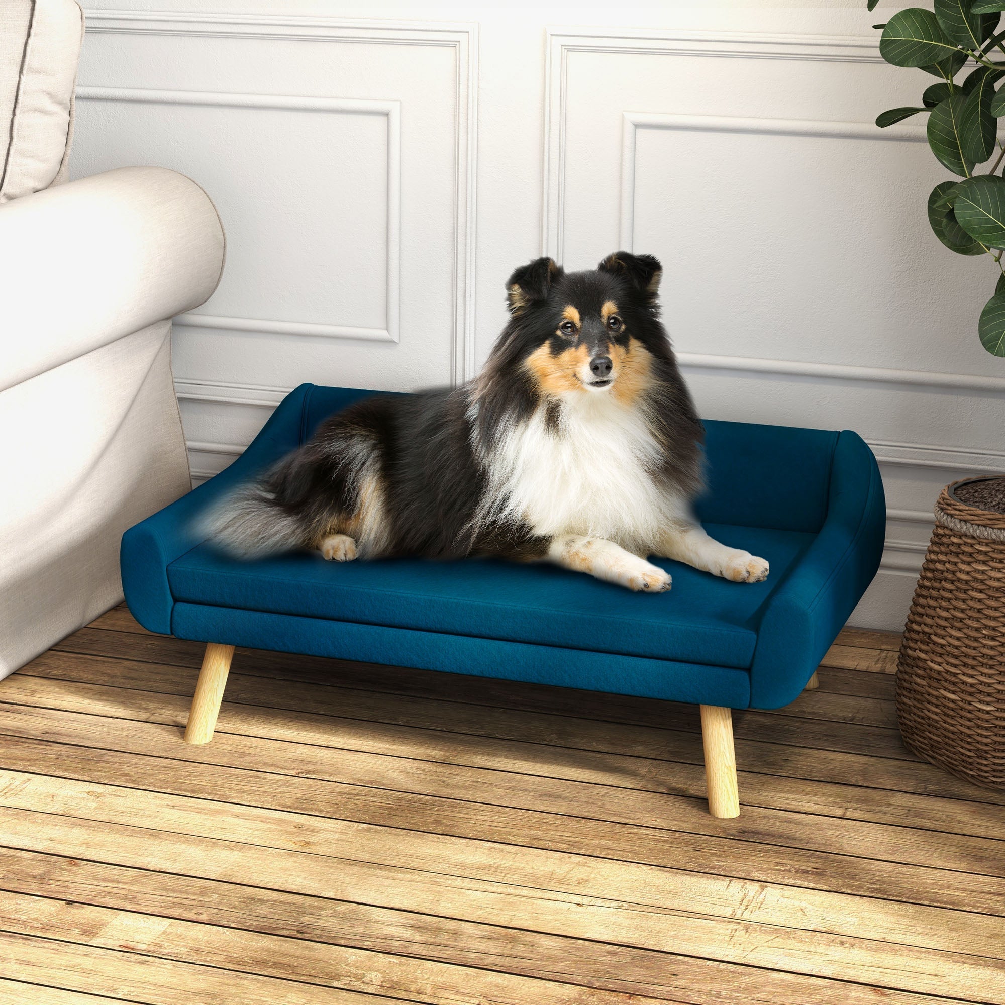 Dog Couch with Soft Cushion, Pet Sofa Bed with Wooden Frame, Removable Cover, for Medium and Large Dogs, Blue-1