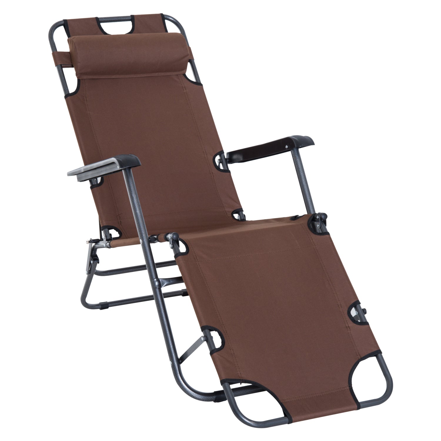 2 in 1 Sun Lounger Folding Reclining Chair Garden Outdoor Camping Adjustable Back with Pillow (Brown)-0