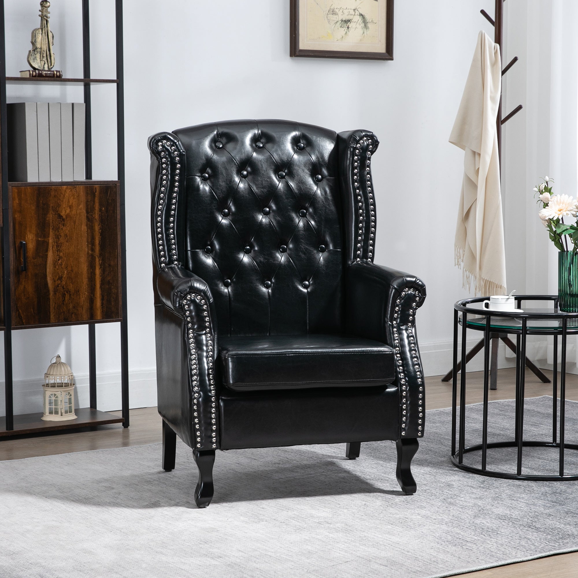 Wingback Accent Chair Tufted Chesterfield-style Armchair with Nail Head Trim for Living Room Bedroom Black-1