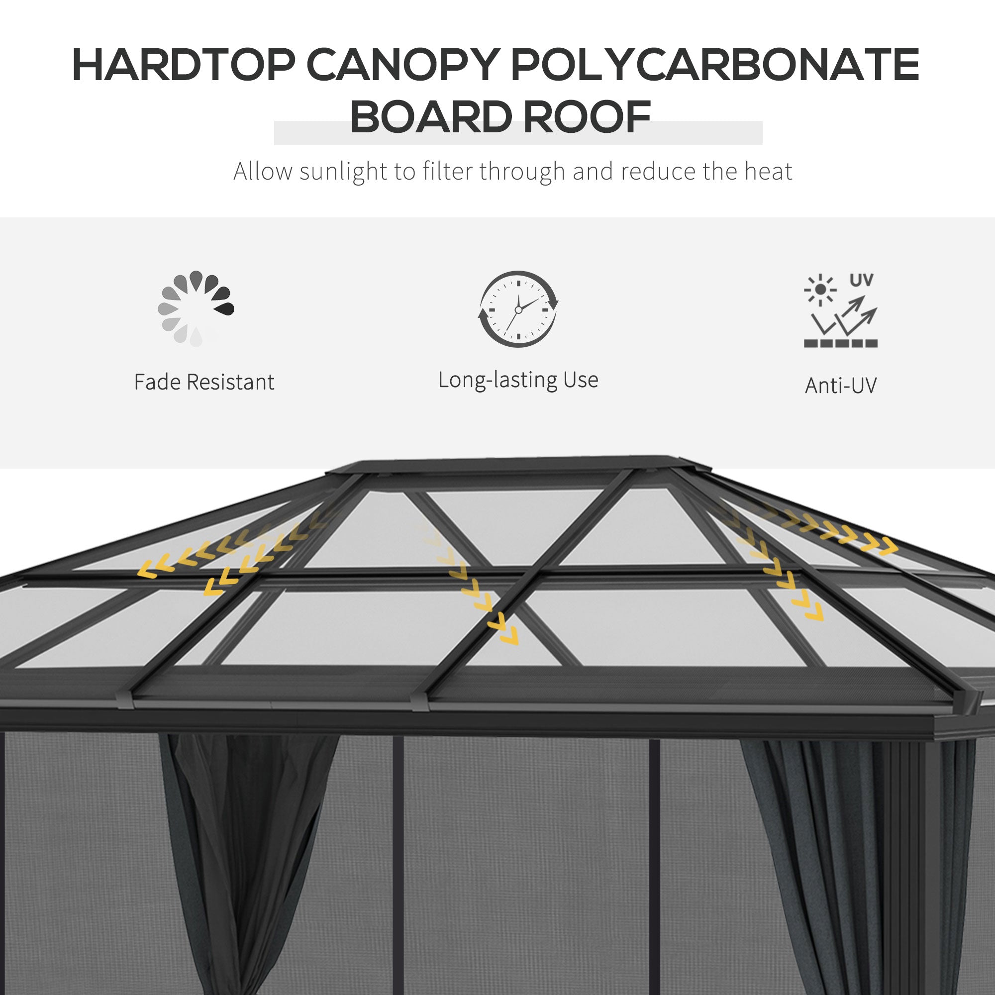 3 x 3.6m Hardtop Gazebo with UV Resistant Polycarbonate Roof and Aluminium Frame, Garden Pavilion with Mosquito Netting and Curtains-3