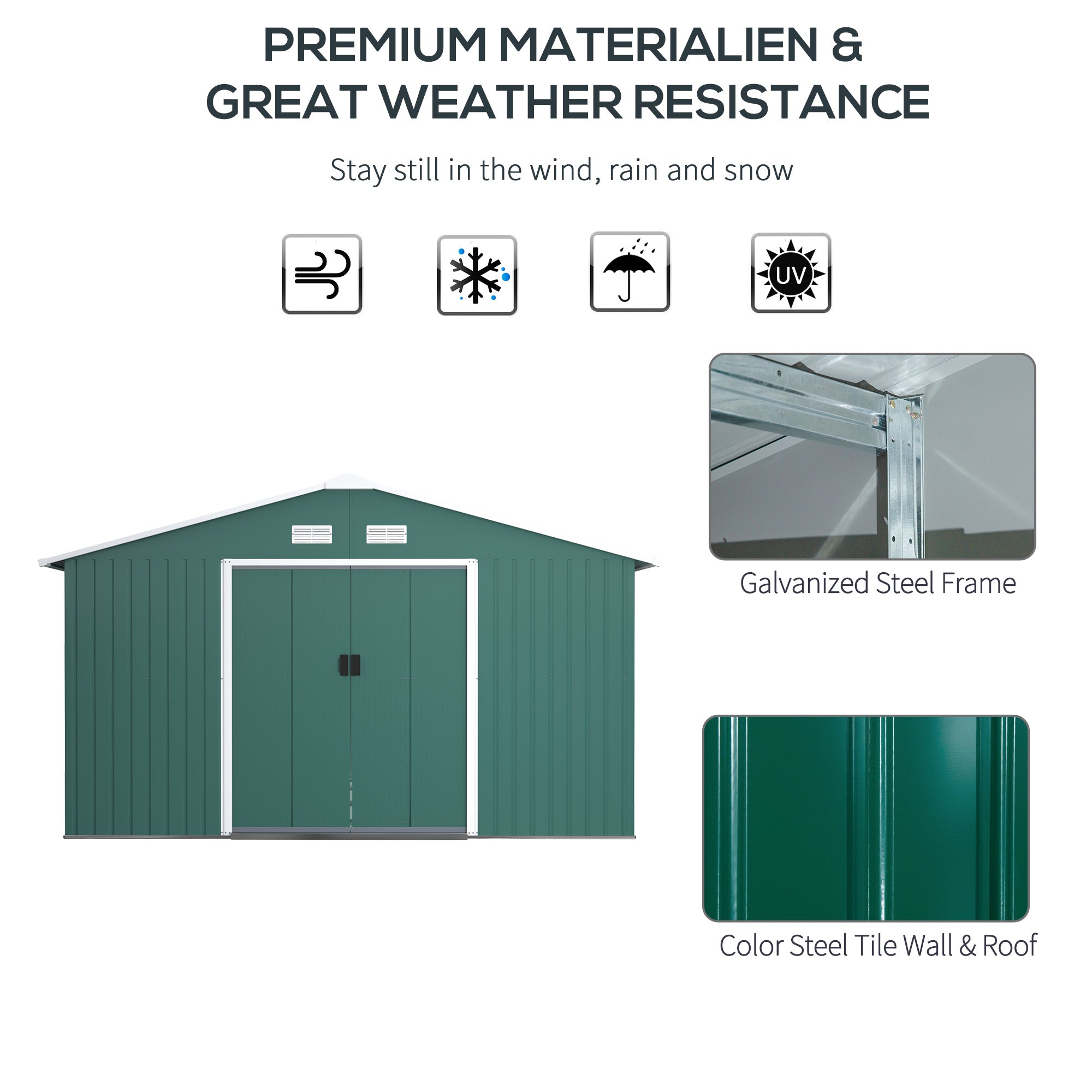 13 x 11 ft Metal Garden Shed Large Patio Roofed Tool Storage Box with Ventilation and Sliding Door, Deep Green-3