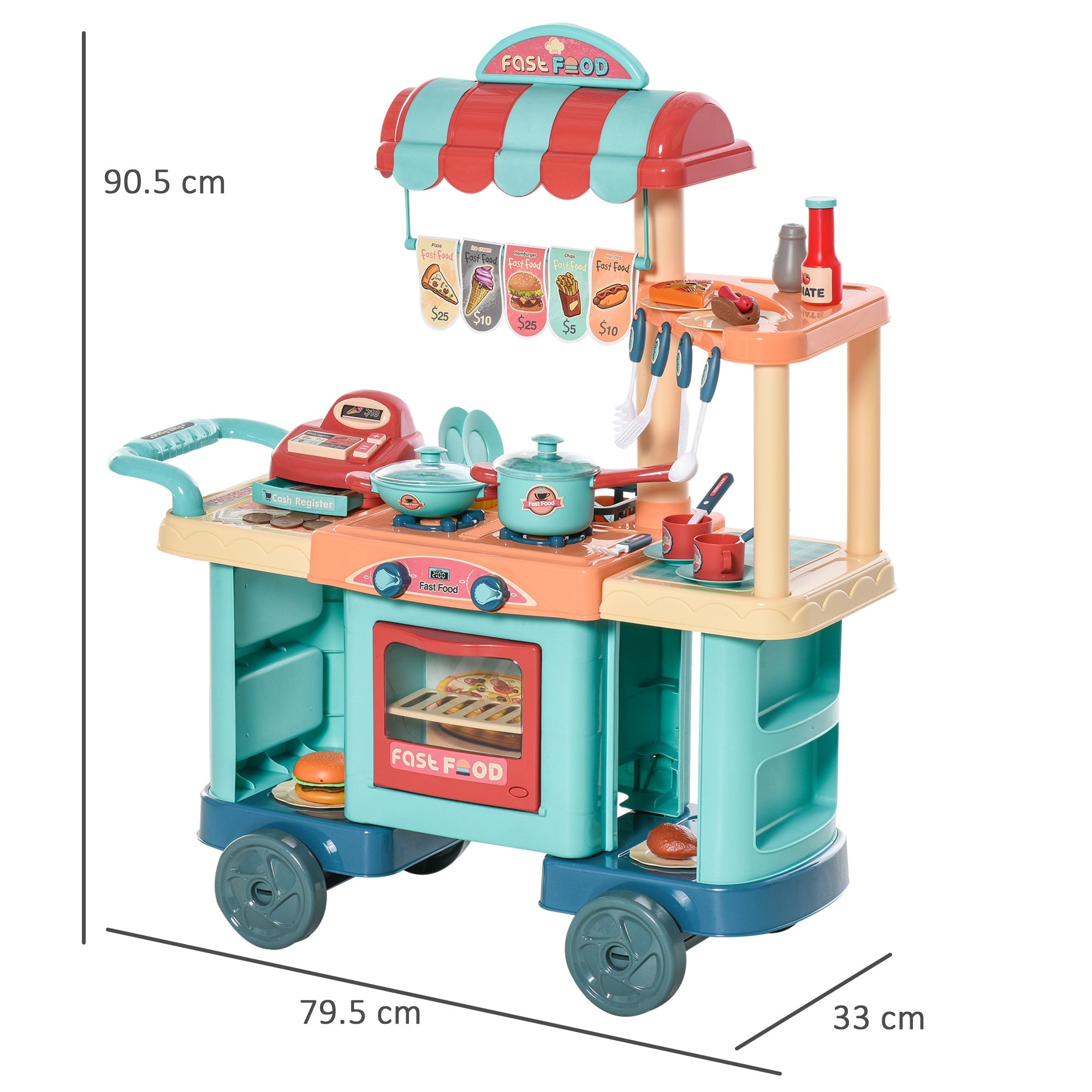 50 Pcs Kids Kitchen Play set Fast Food Trolley Cart Pretend Playset Toys with Play Food Money Cash Register Accessories Gift for Kids Age 3-6-2