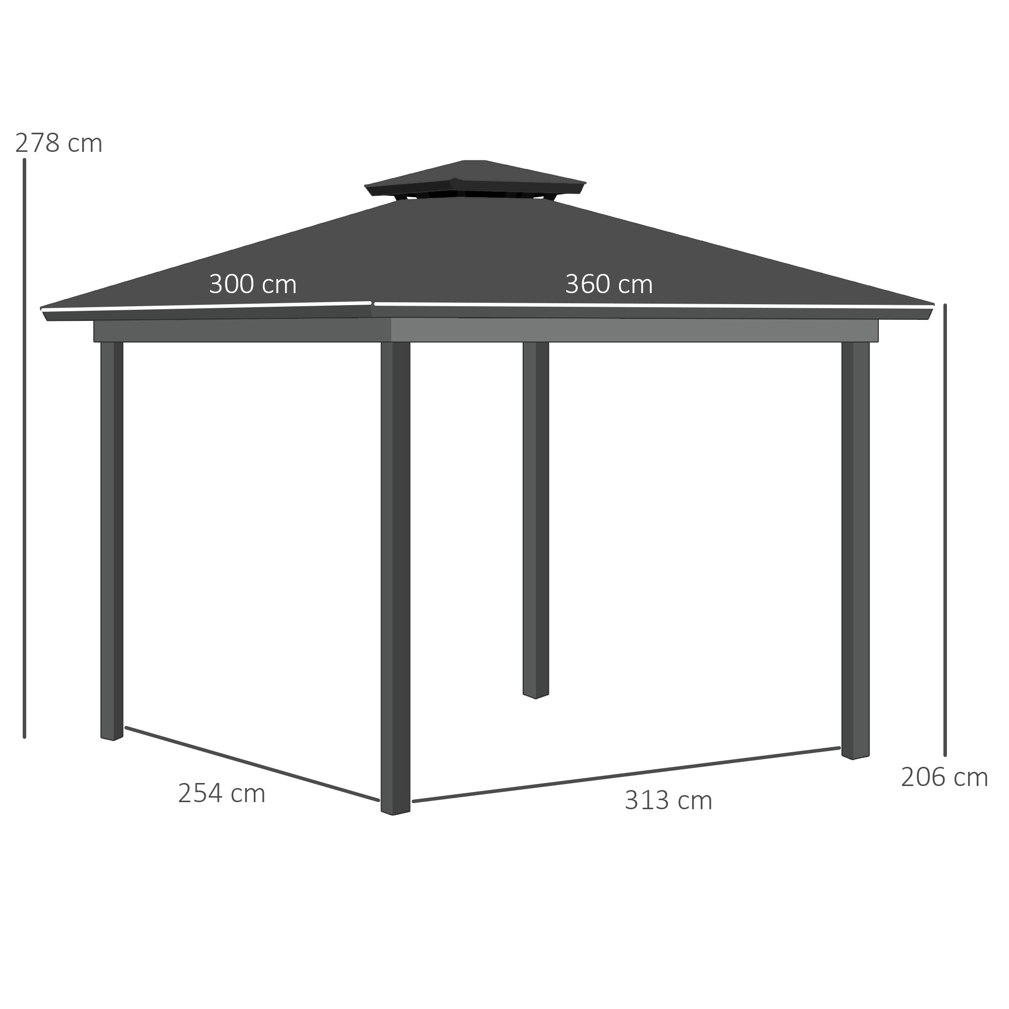 3.6 x 3 (m) Outdoor Polycarbonate Gazebo, Double Roof Hard Top Gazebo with Nettings & Curtains for Garden, Lawn, Patio-2