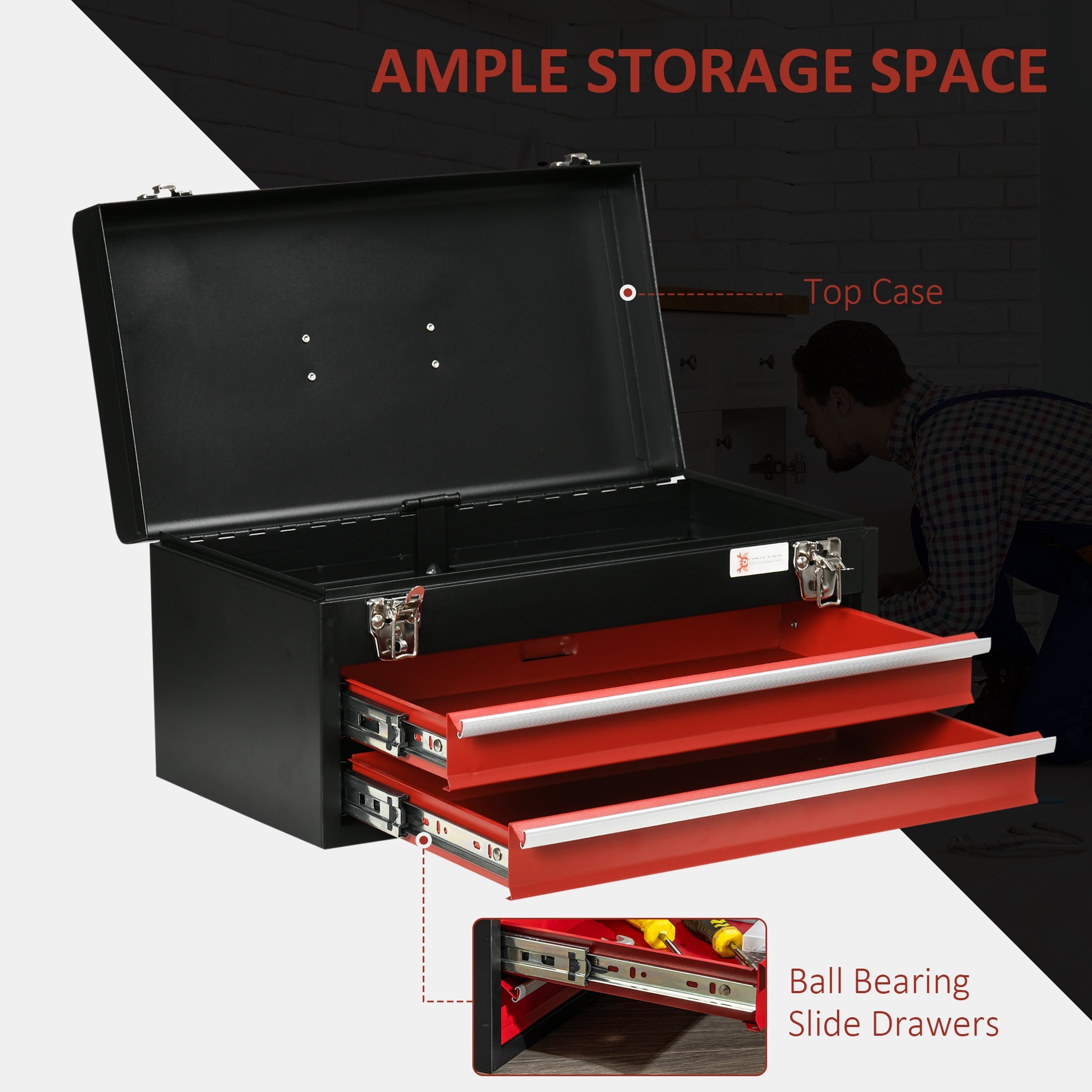 2 Drawer Tool Chest, Lockable Metal Tool Box with Ball Bearing Runners, Portable Toolbox, 460mm x 240mm x 220mm-4