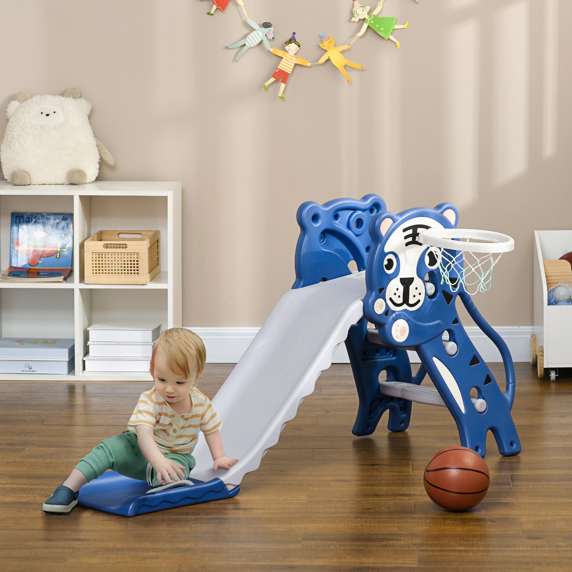 2 in 1 Baby Slide for Indoor Use with Basketball Hoop, Basketball, for Ages 18-36 Months - Blue-1