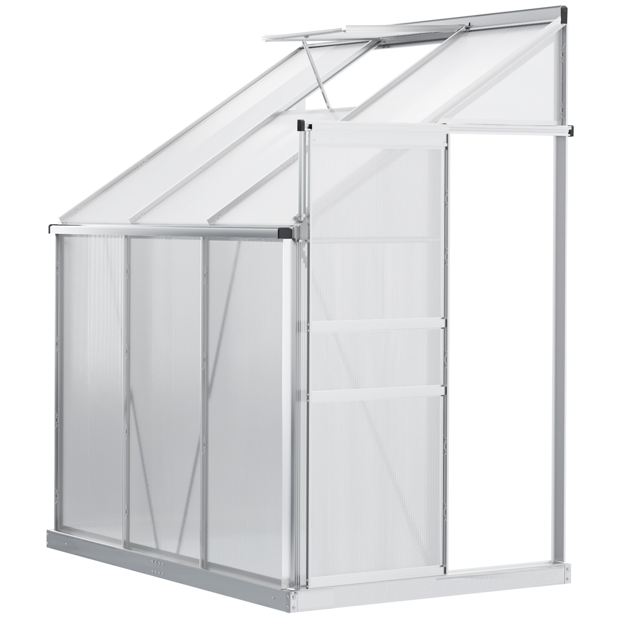 Walk-In Greenhouse Lean to Wall Polycarbonate Garden Greenhouse with Adjustable Roof Vent, Rain Gutter and Sliding Door, 6 x 4 ft-0