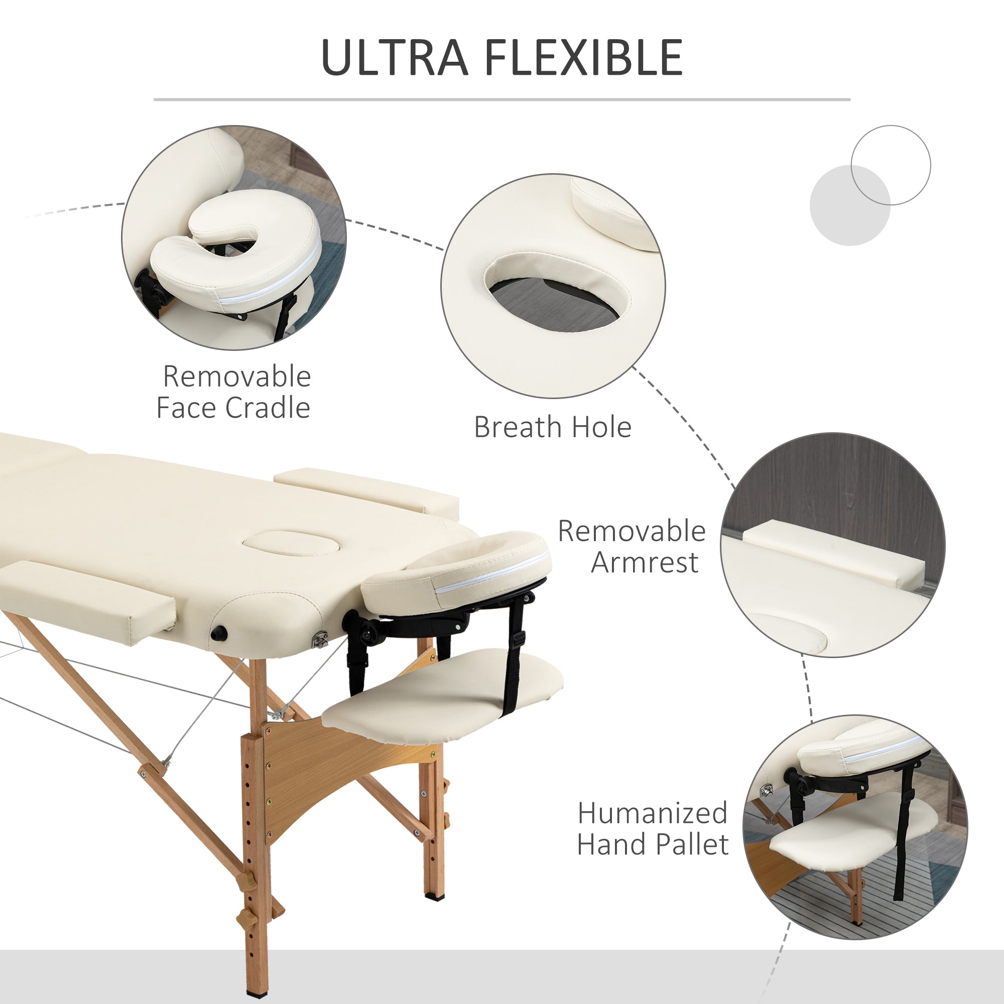 Portable Massage Bed, Folding Spa Beauty Massage Table with 2 Sections, Carry Bag and Wooden Frame, Cream-4