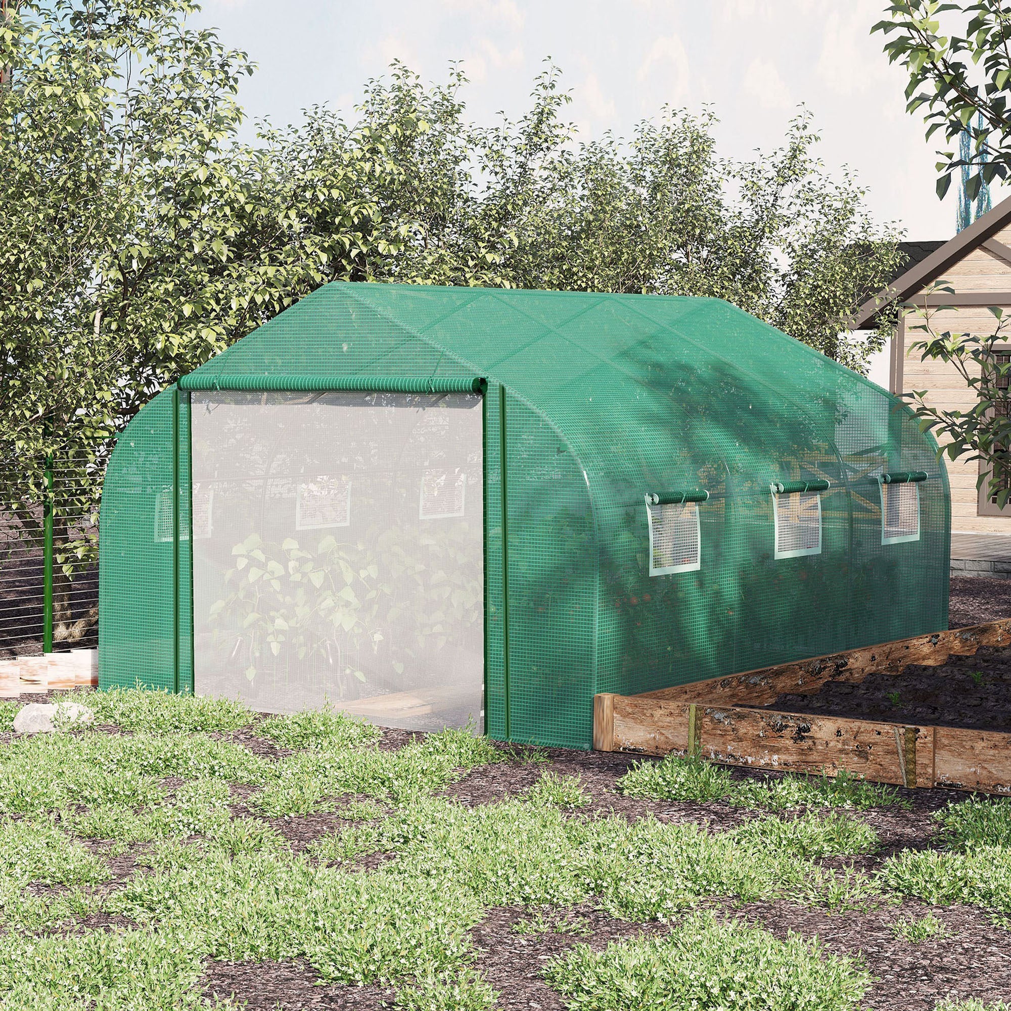 Walk-in Polytunnel Garden Greenhouse, Outdoor Greenhouse with PE Cover, Zippered Roll Up Door and 6 Windows, 3.5 x 3 x 2m, Green-1