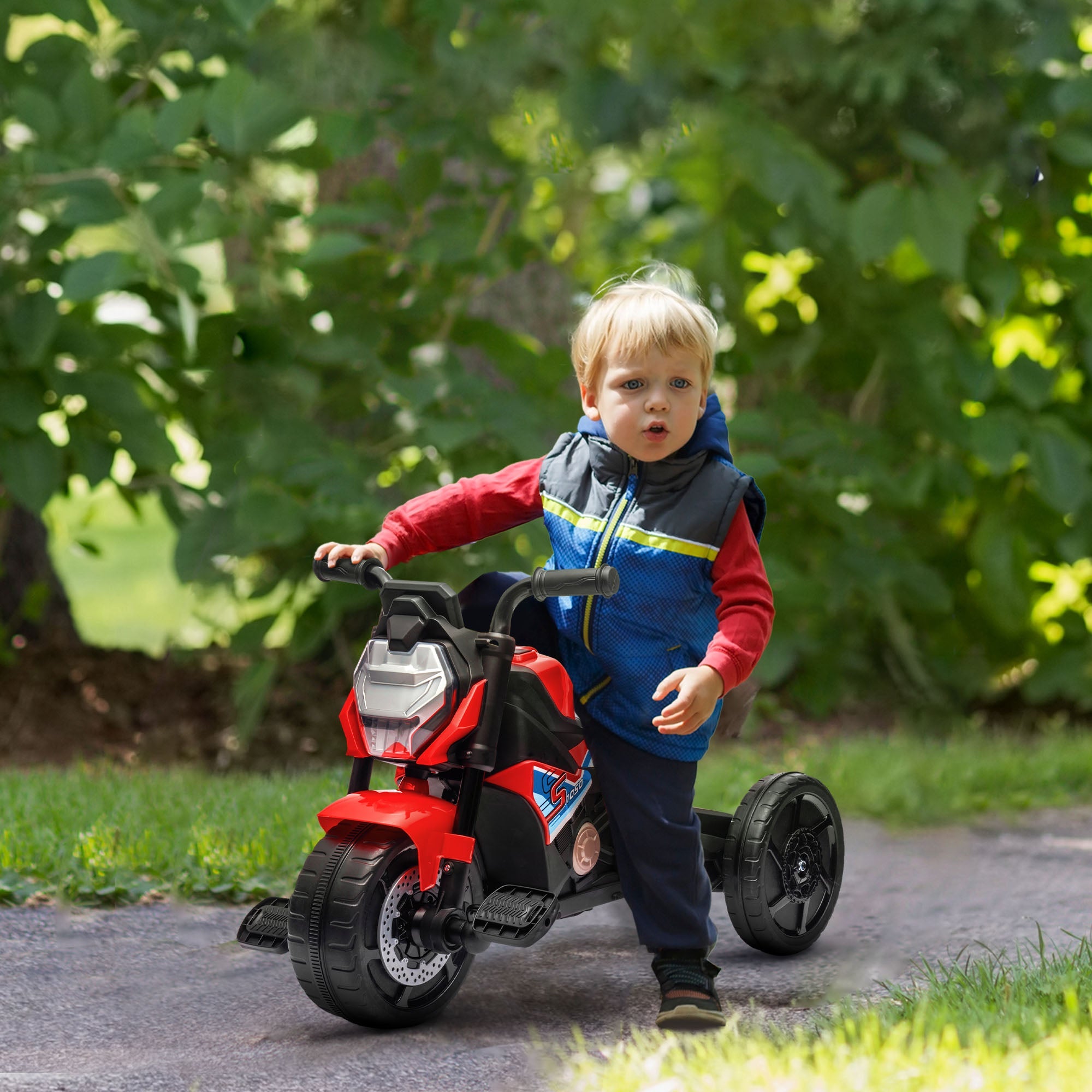 Motorcycle Design 3 in 1 Toddler Trike, Sliding Car, Balance Bike with Headlight, Music, Horn, Red-1