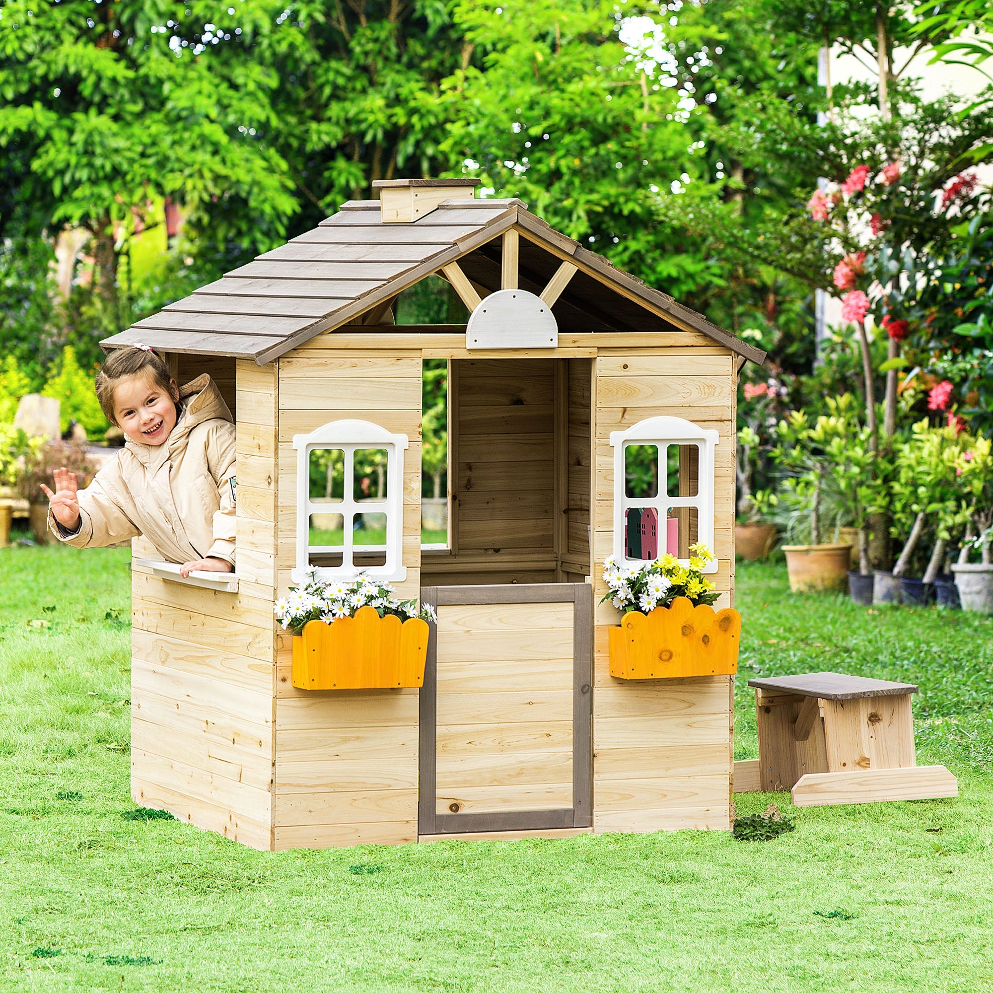 Wooden Kids Playhouse, Outdoor Garden Games Cottage with Working Door, Windows, Bench, Service Station, Flowers Pot Holder for 3-7 Years Old-1