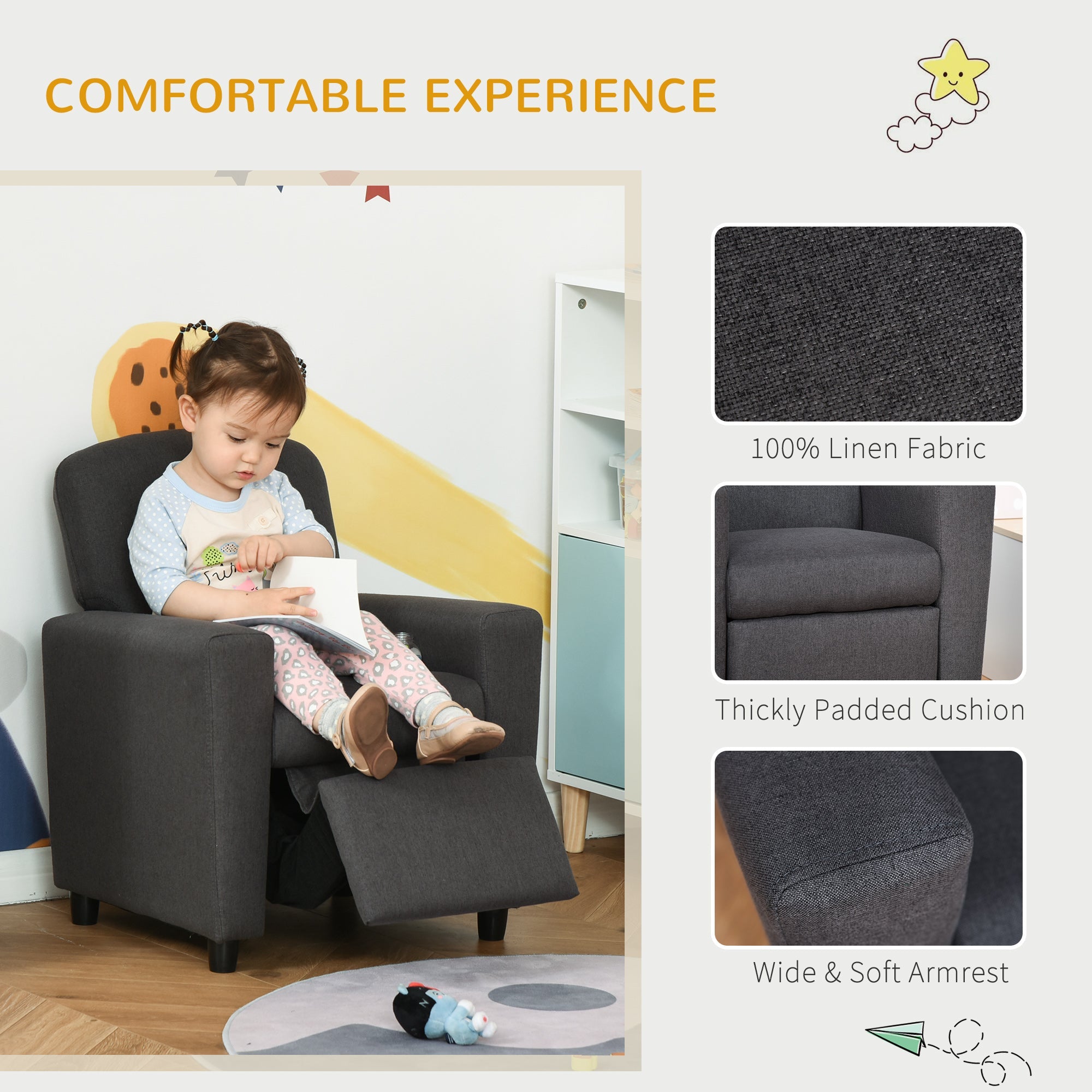 2 in 1 design Kids Sofa Armchair with Footrest for Children Playroom Bedroom Living Room, 55 x 50 x 67cm, Grey-4