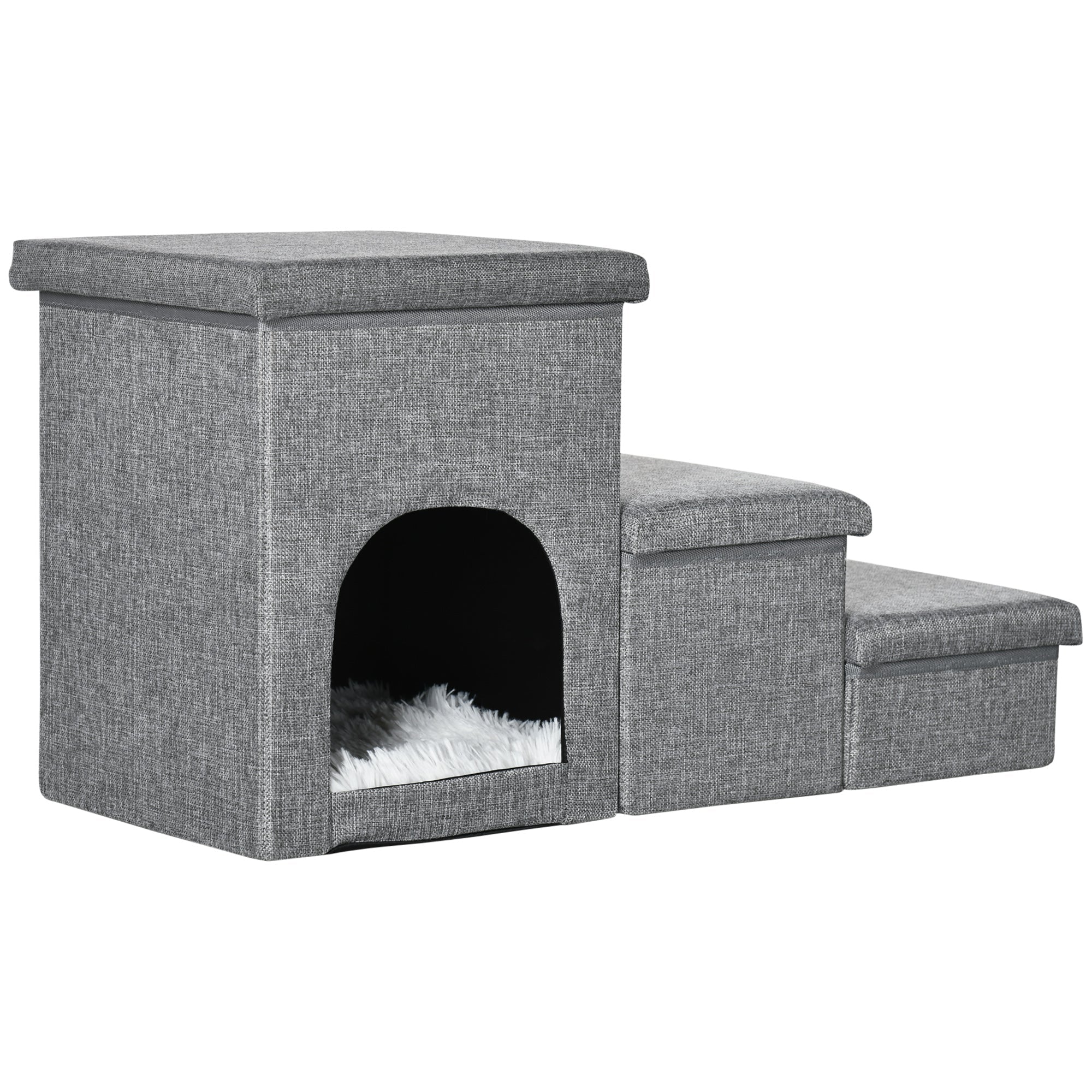 Dog Steps 3-step Pet Stairs with Kitten House and 2 Storage Boxes, 3 in 1 Dog Ramp for Sofa with Washable Plush Cushion-0