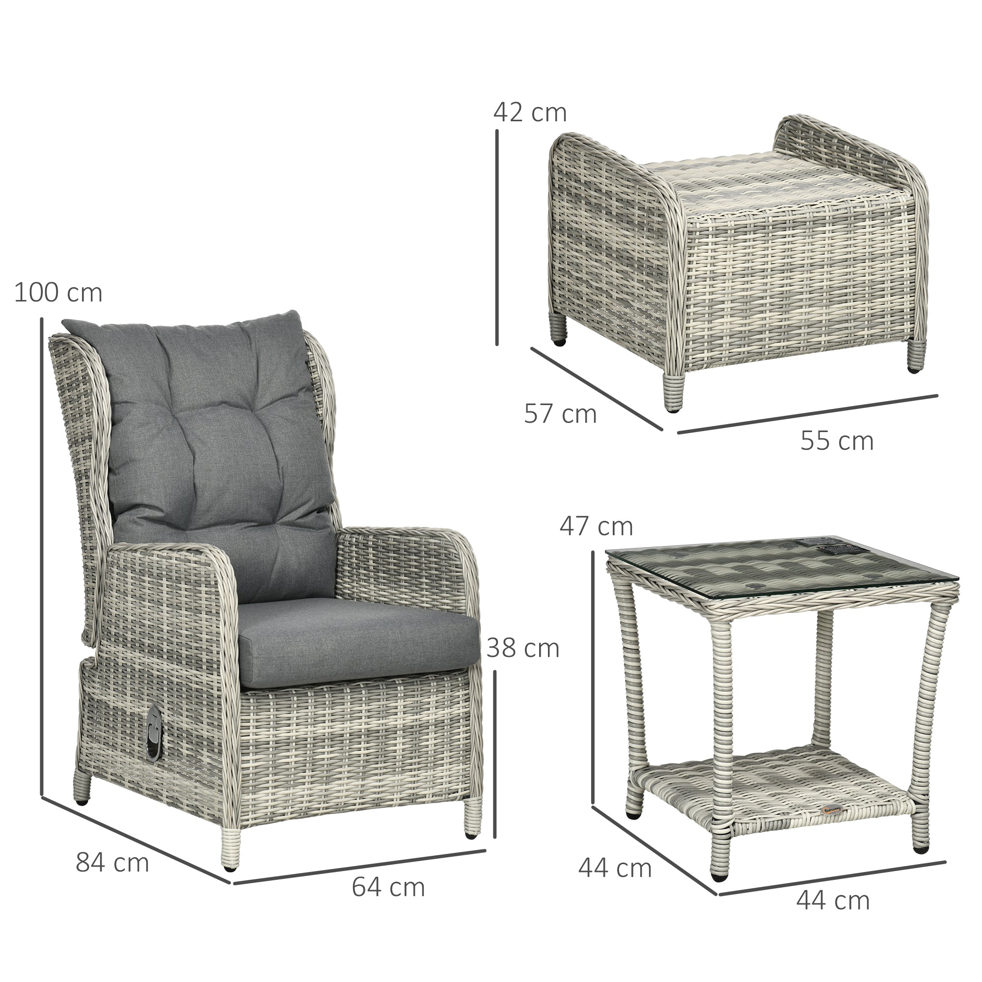 5 Pieces PE Rattan Sun Lounger Set, Outdoor Half-round Wicker Recliner Sofa Bed with Glass Top Two-tier Table and Footstools, Mixed Grey-2