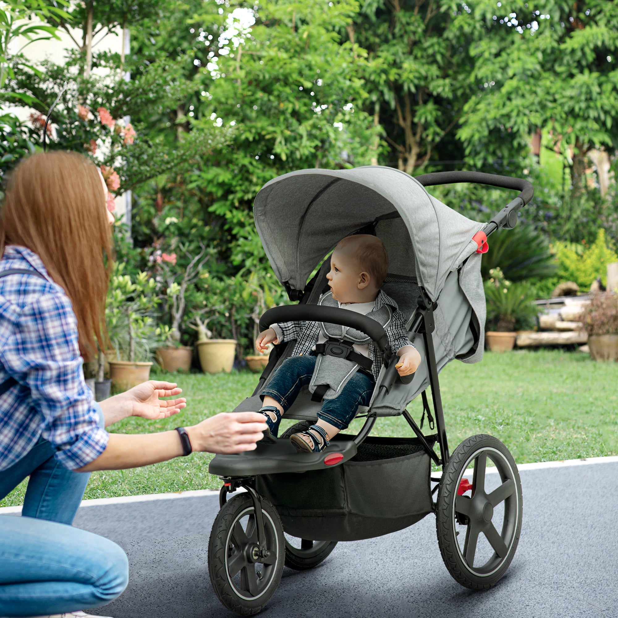 Foldable Three-Wheeler Baby Stroller w/ Canopy, Storage Basket - Grey-1