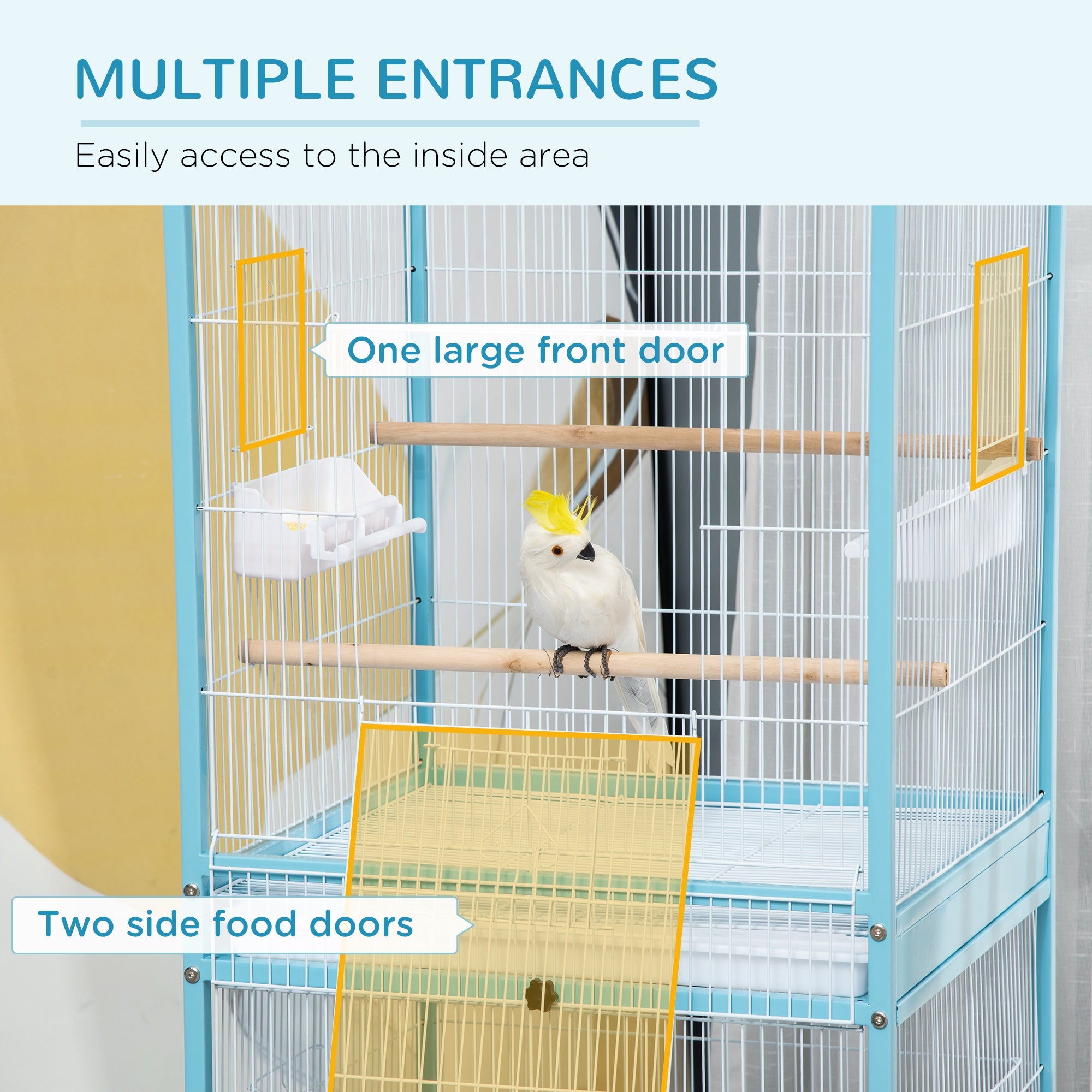 2 In 1 Large Bird Cage Aviary for Finch Canaries, Budgies with Wheels, Slide-out Trays, Wood Perch, Food Containers, Light Blue-3