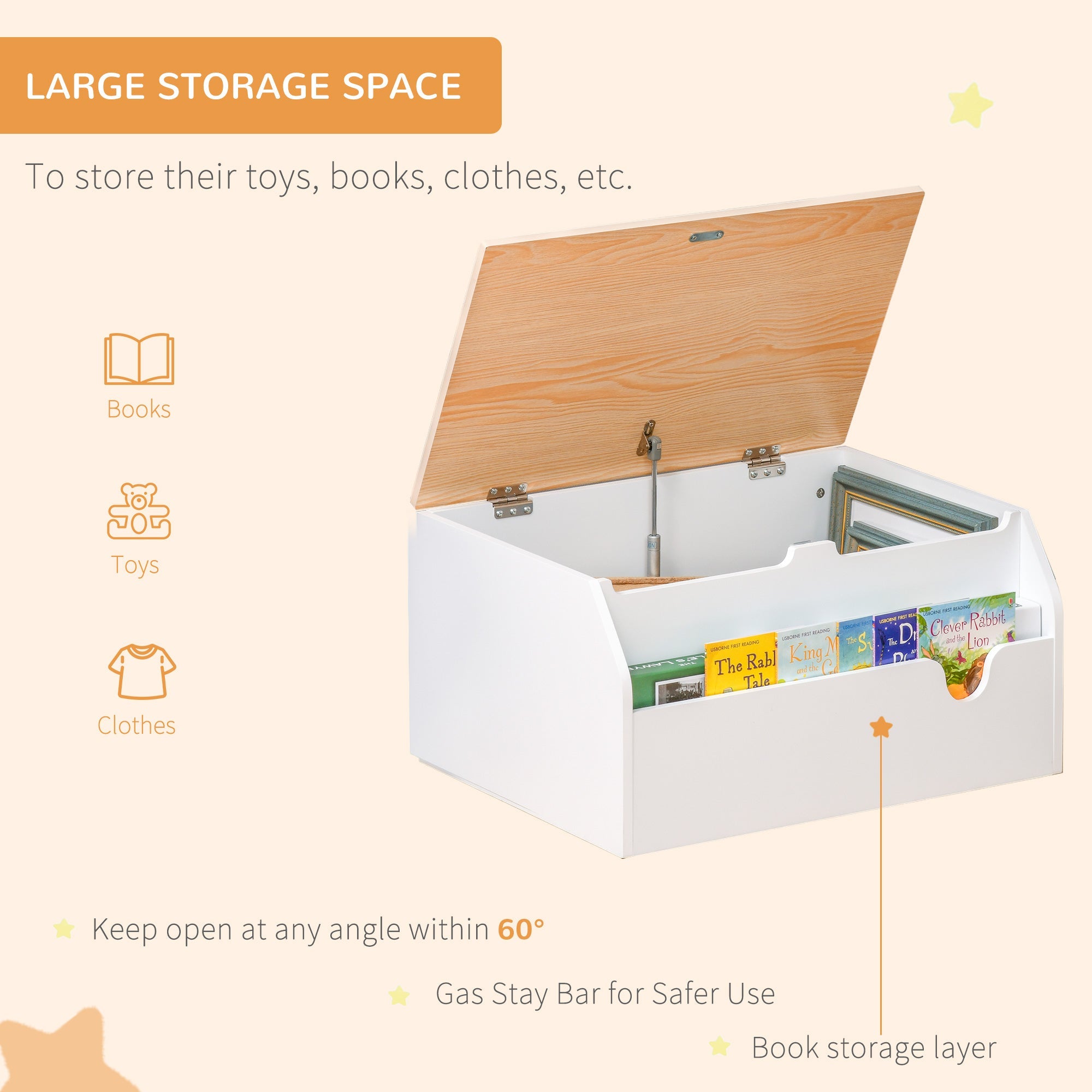 Wooden Kids Children Toy Box Storage Chest Organizer Book Slot Safety Hinge Playroom Furniture White-4