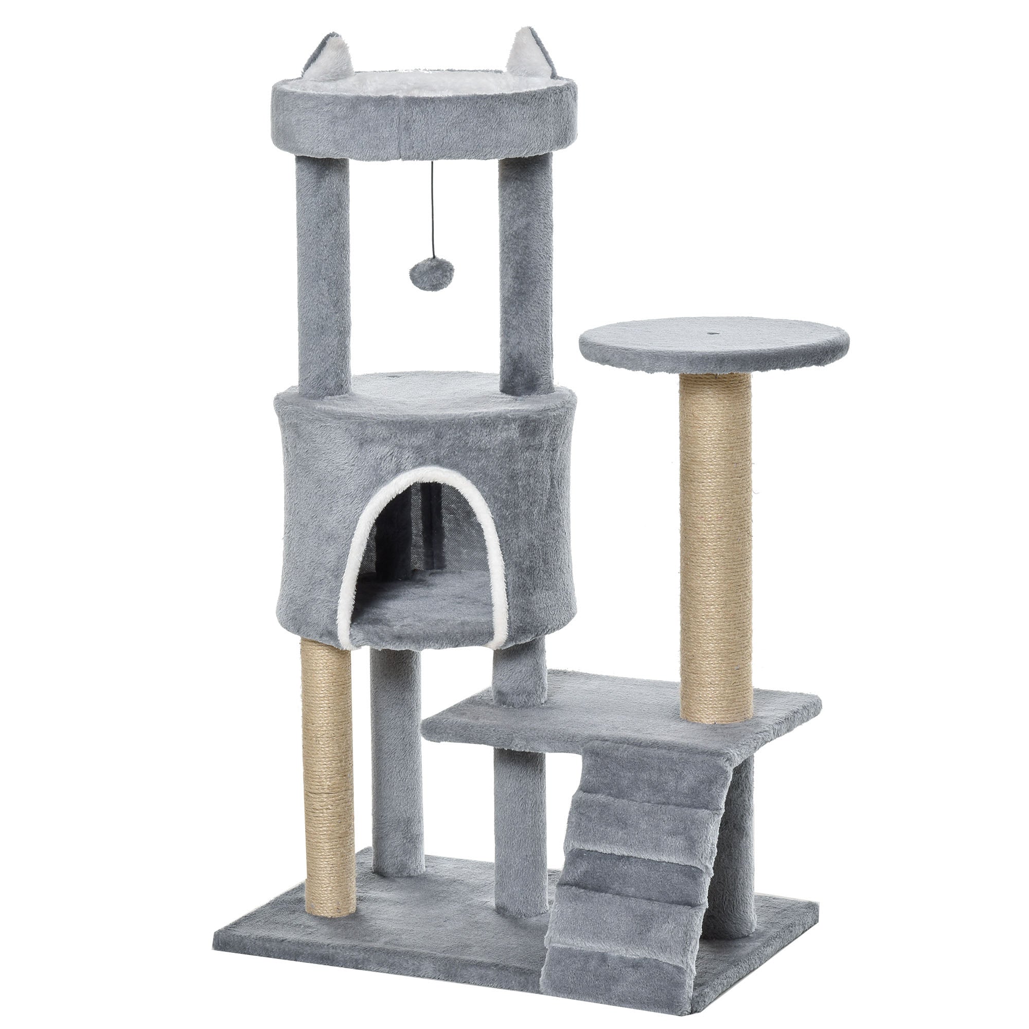 100cm Cat Tree Tower Condo Multi Platform Kitty Cat Center with Climbing Ladder Scratching Post Hanging Toy Ball, Light Grey-0