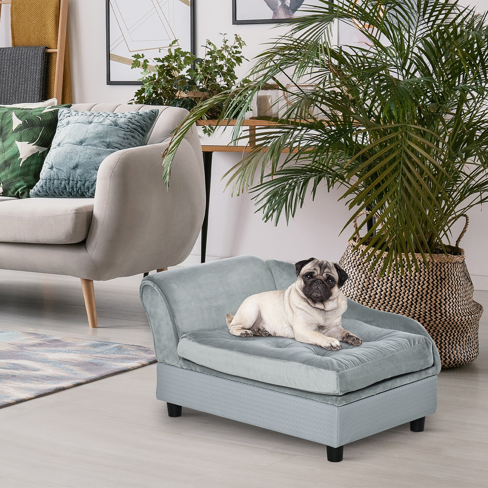 Dog Sofa with Storage, Pet Chair for Small Dogs, Cat Couch with Soft Cushion, Light Blue, 76 x 45 x 41.5 cm-1