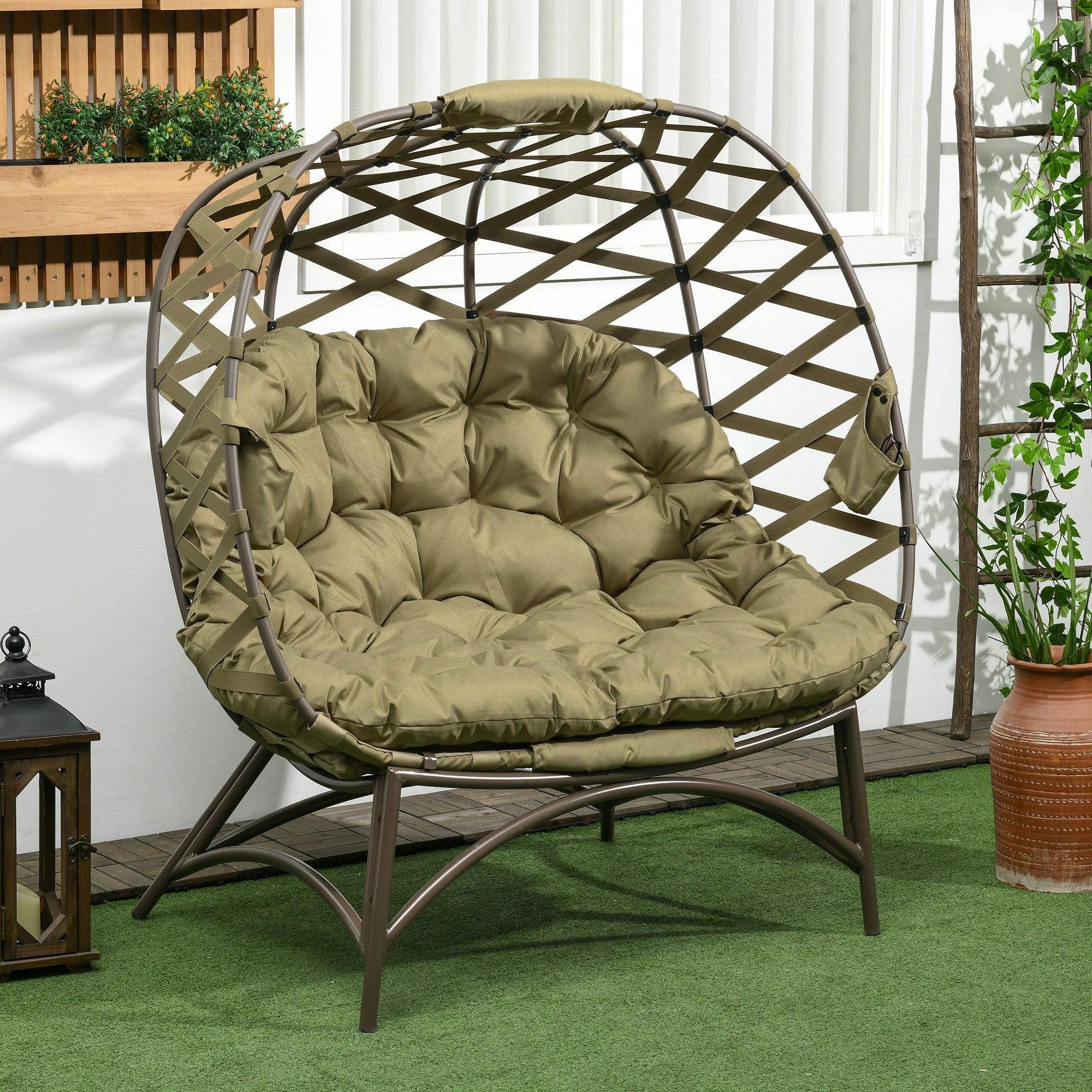 2 Seater Egg Chair Outdoor, Folding Weave Garden Furniture Chair with Cushion, Cup Pockets - Khaki-1