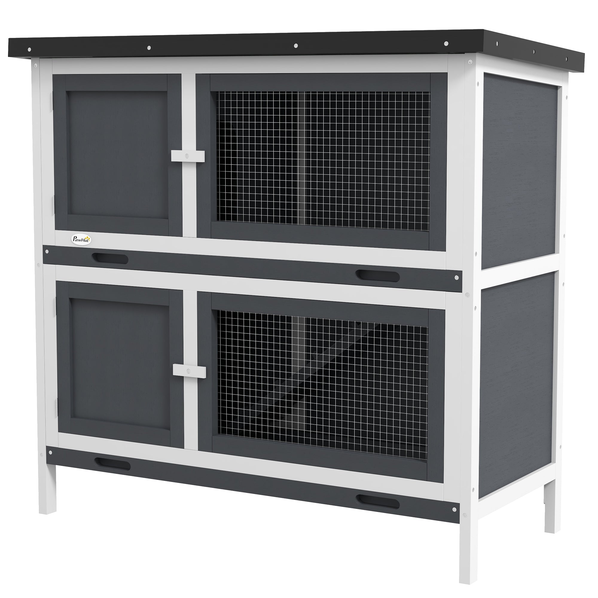 Double Decker Rabbit Hutch 2 Tier Guinea Pig House Pet Cage Outdoor with Sliding-out Tray, 100x47x91cm, Grey-0