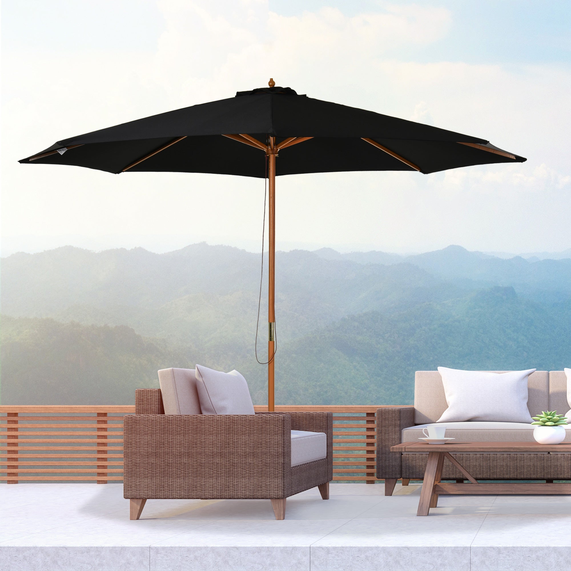 ⌀3m Bamboo Wooden Market Patio Umbrella Garden Parasol Outdoor Sunshade Canopy, 8-ribs,Black-1