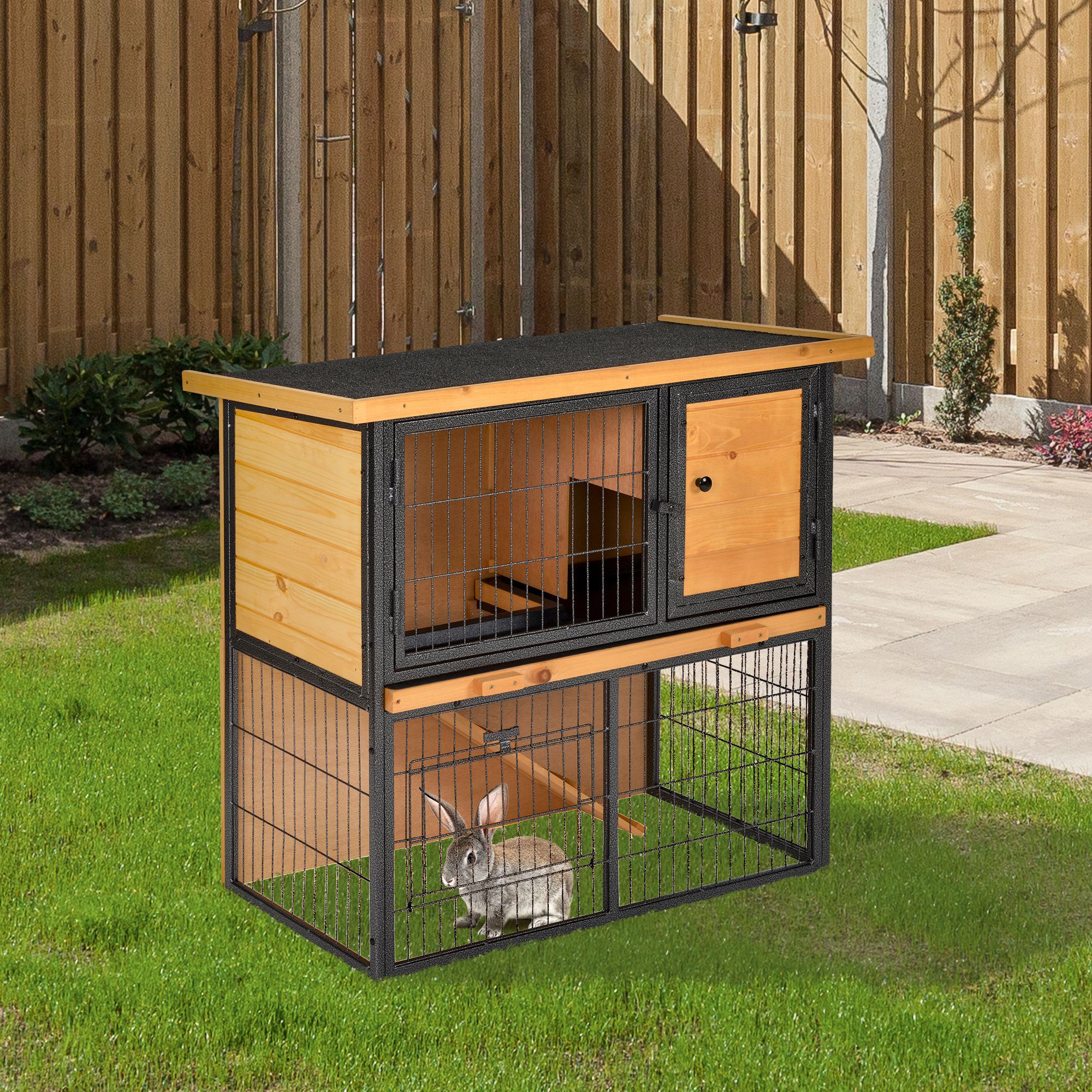 Wood-metal Rabbit Hutch Elevated Pet House Bunny Cage with Slide-Out Tray Asphalt Openable Roof Lockable Door Outdoor-1