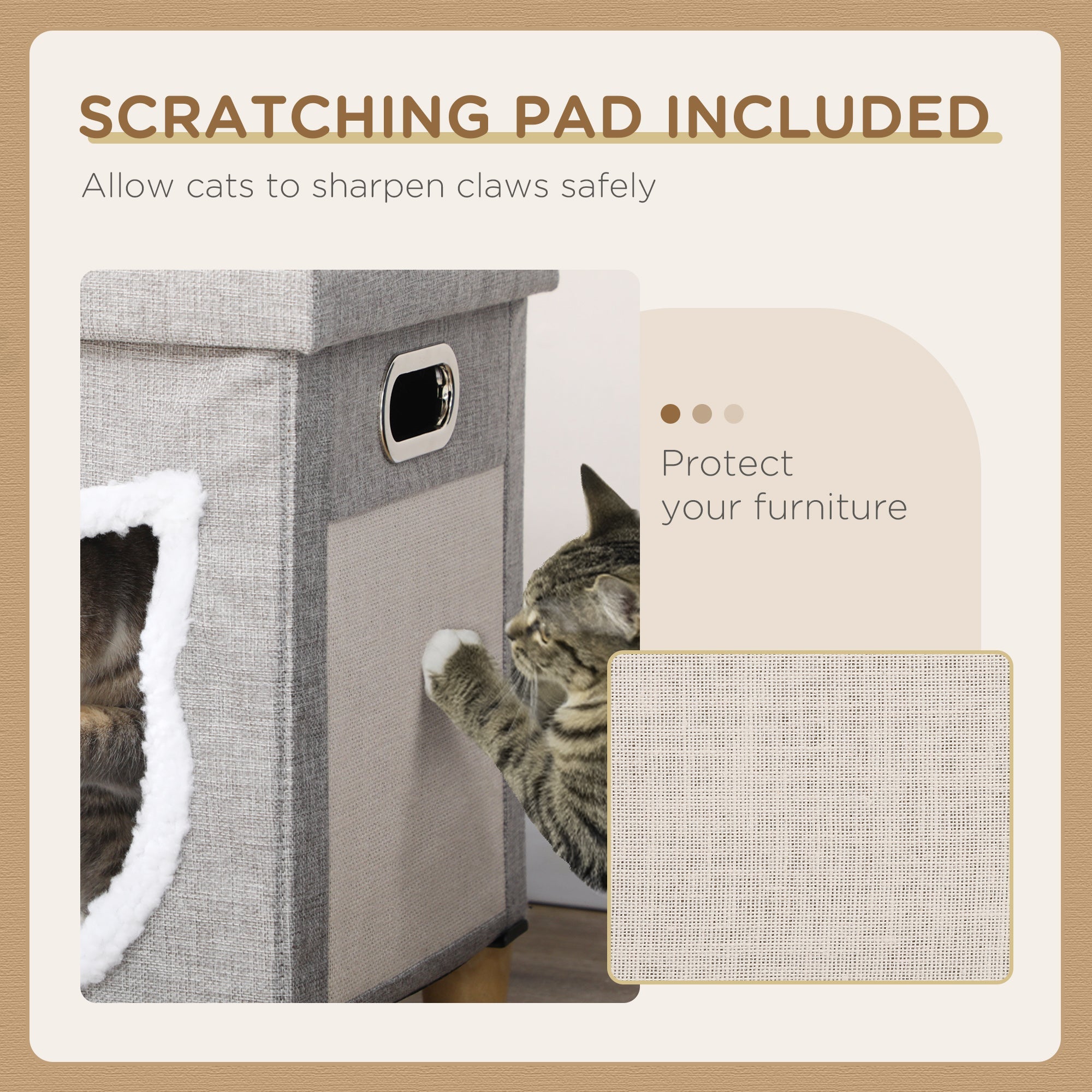 2 in 1 Cat Bed Ottoman, Comfortable Cat Sleeping Cave House w/ Removable Cushion, Scratching Pad, Handles, Anti-Slip Foot Pad, Toy Ball Grey-4