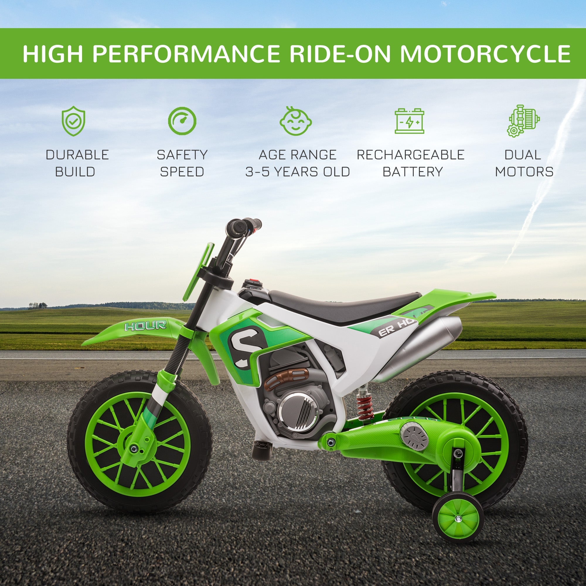 12V Kids Electric Motorbike Ride On Motorcycle Vehicle Toy with Training Wheels for 3-5 Years Old, Green-3