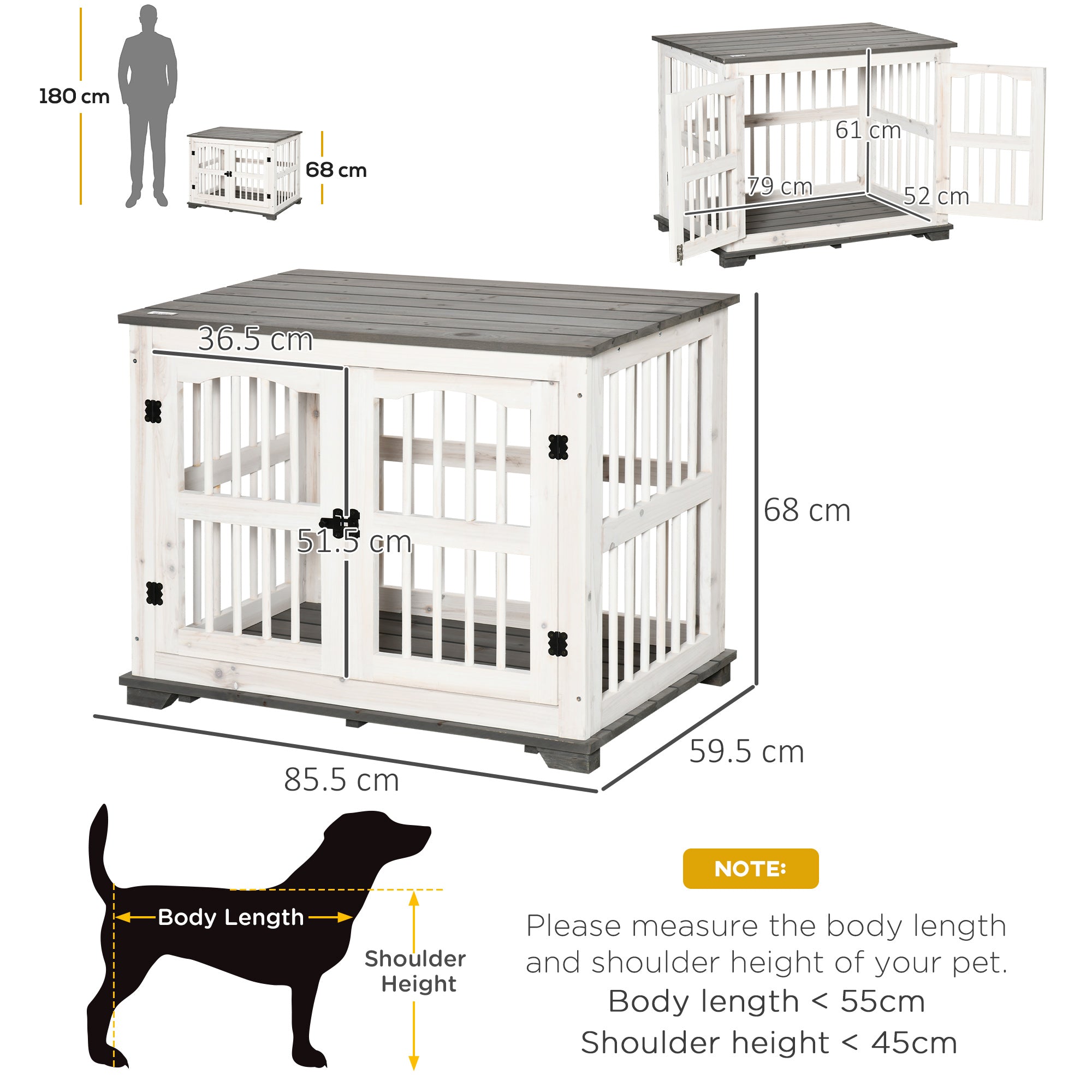 Wooden Dog Crate Furniture Pet Kennel Cage End Table for Small Medium Dogs, Indoor, White, 85.5 x 59.5 x 68 cm-2