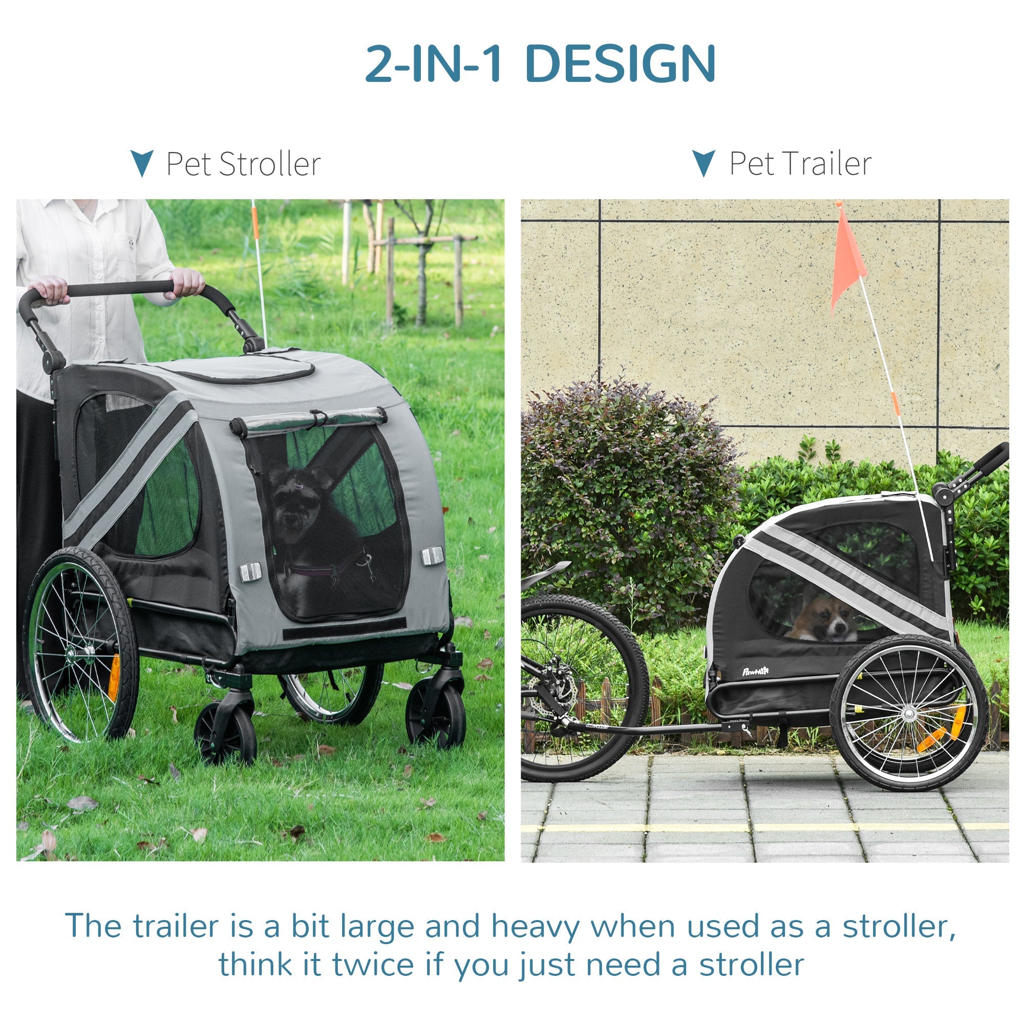 Dog Bike Trailer 2-in-1 Pet Stroller Cart Bicycle Carrier Attachment for Travel in steel frame with Universal Wheel Reflectors Flag Grey-4